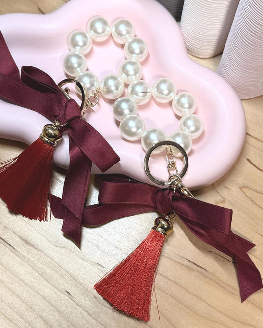 Faux Pearl Bracelet Keychain | Ribbon Tassel Planner Charm