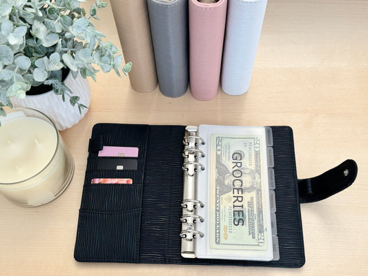 A6 Epi Saffiano Budget Binder: Silver Rings, Card Slots & Pen Loop | Cash Envelope System