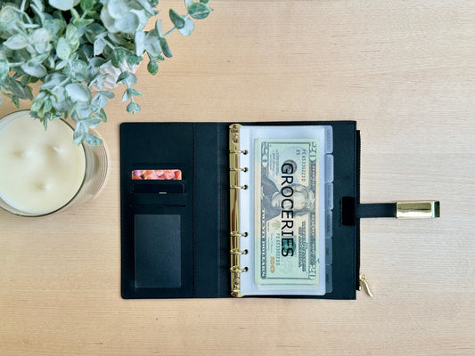 A6 Black Leather Wallet, Cash Stuffing Envelope Wallet, Budget Organizer, Zipper, and Buckle.