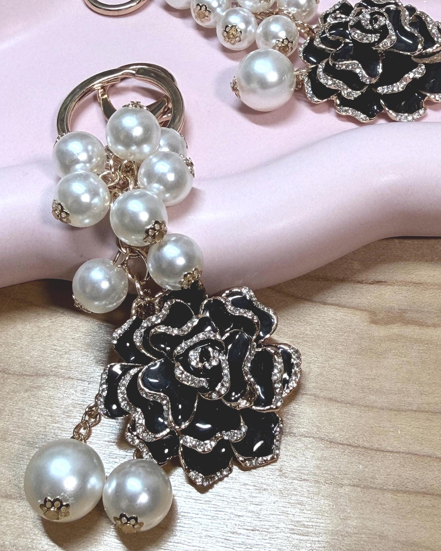 Rose & Pearl Binder Charm: Elegant Enamel Planner Keychain | Pink & Black Styles