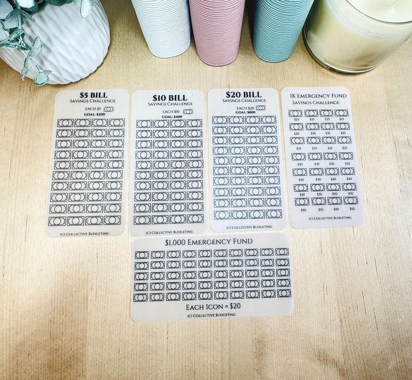 Reusable Savings Challenge Tracker: Laminated Vellum, $1K, $5, $10 & $20 Bill Challenges
