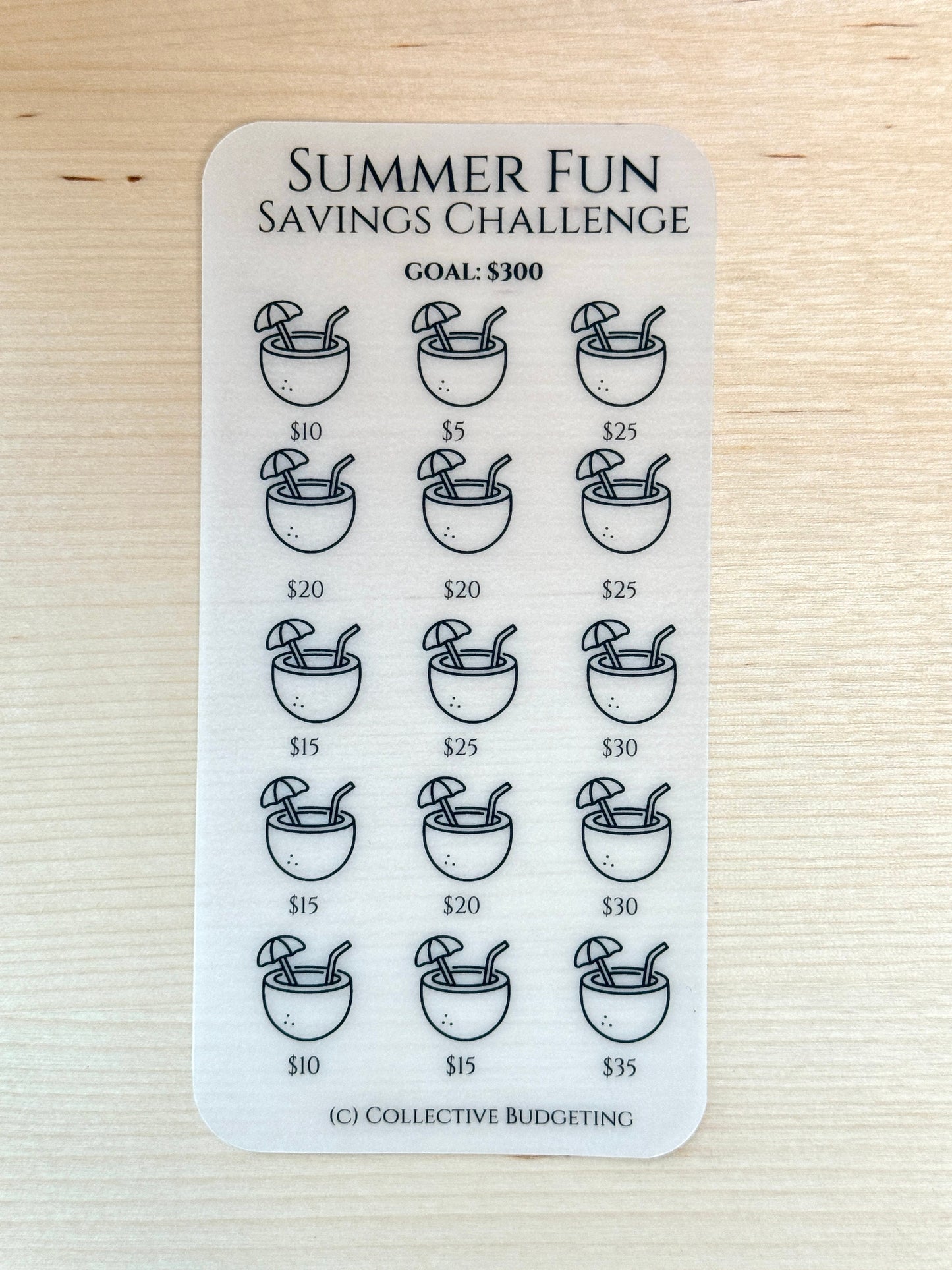 A transparent sticker sheet with a summer fun savings challenge theme. The sheet has a goal of $300 and features 15 coconut drink icons with different dollar amounts ranging from $5 to $35. The text on the sheet reads 'Summer Fun Savings Challenge', 'Goal: $300', and '(C) Collective Budgeting'.