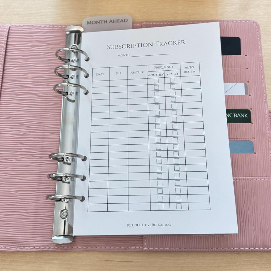A5 Subscription Tracker Insert | Double Sided Hole Punched Budget Planner Page for Recurring Bills and Monthly Expenses