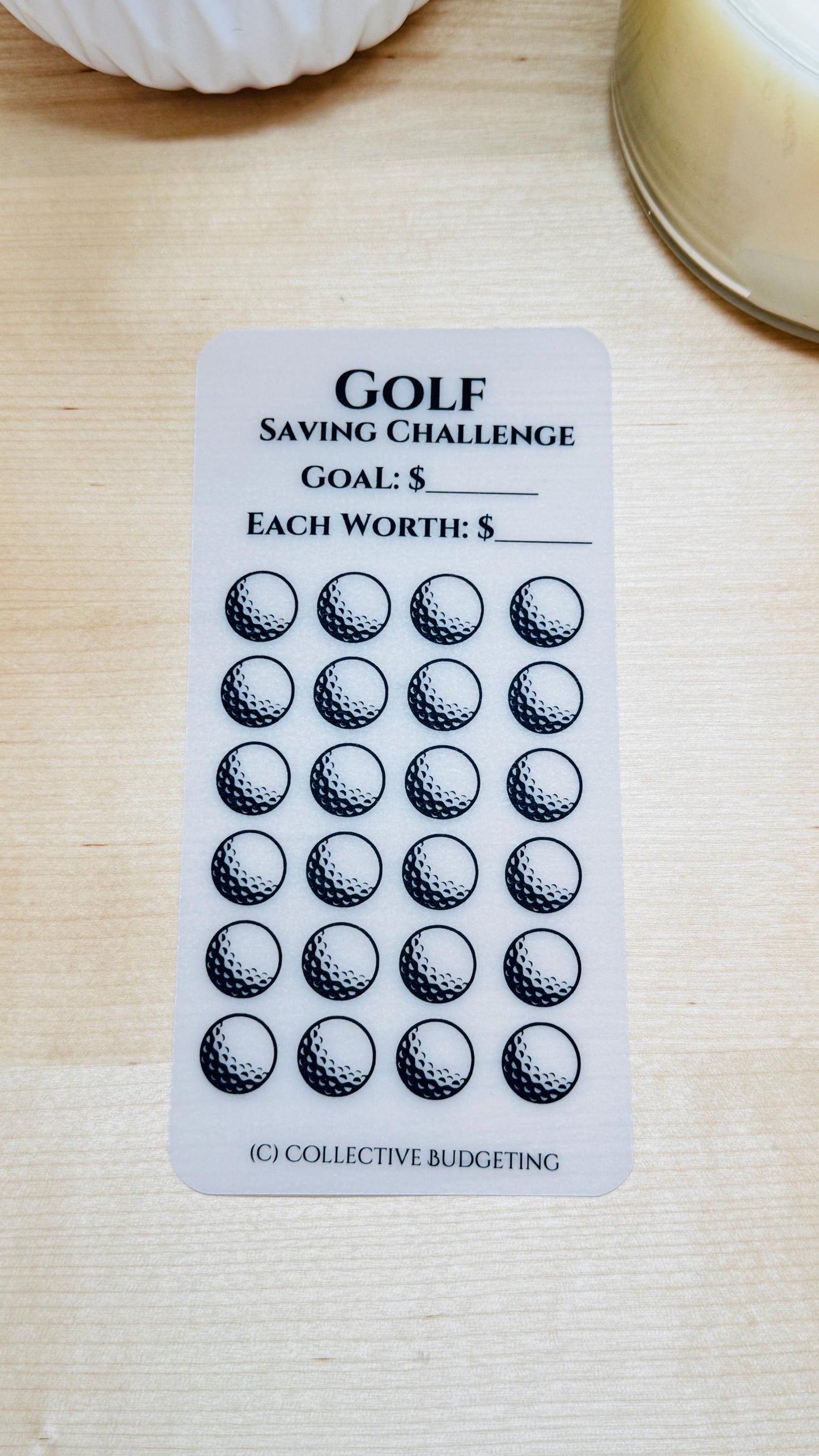 transparent sheets with a golf ball theme. Each sheet has a title 'Golf Saving Challenge' with a line for the goal amount and a line for the value of each golf ball. The sheets are filled with black and white golf ball images.