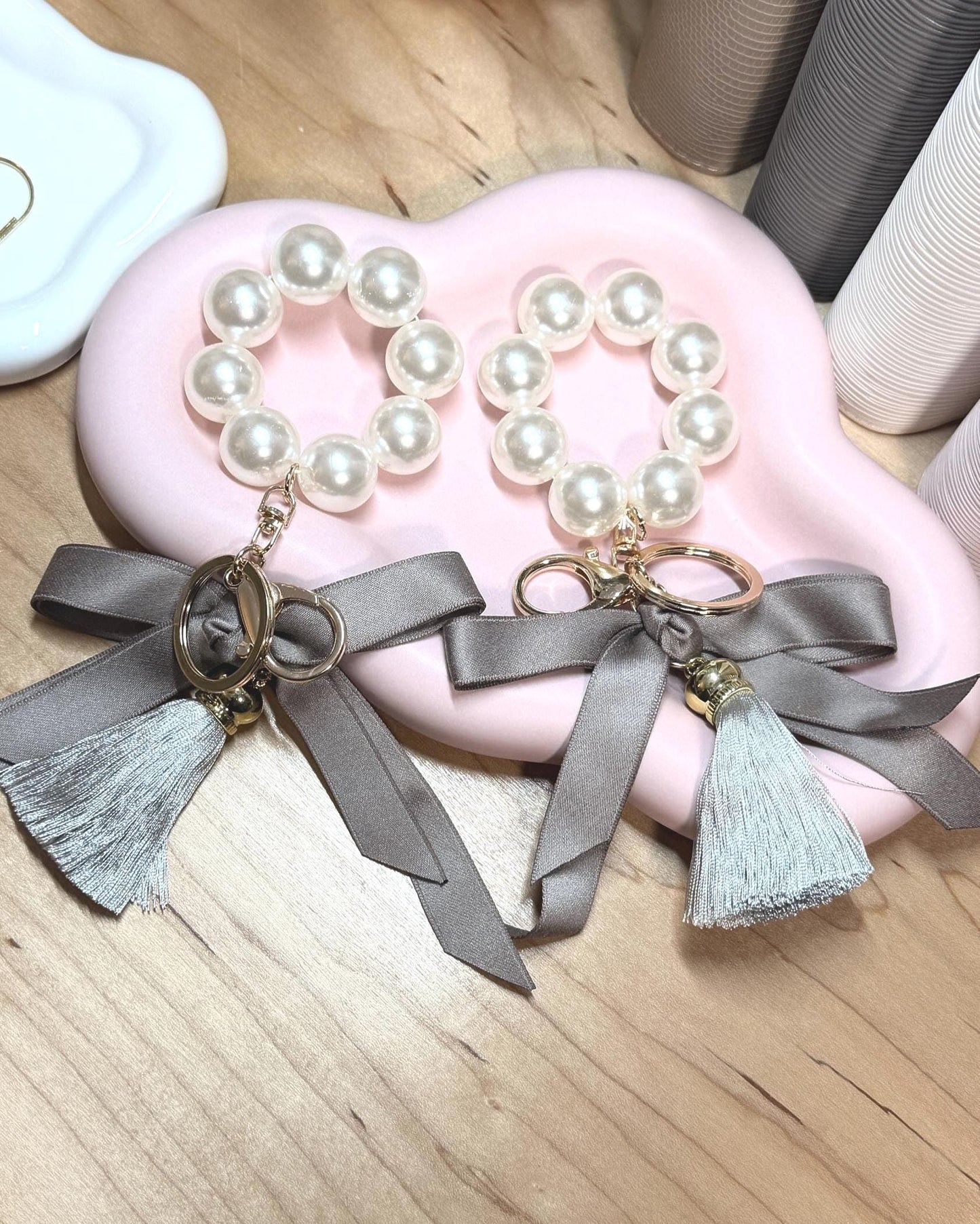 Faux Pearl Bracelet Keychain | Ribbon Tassel Planner Charm