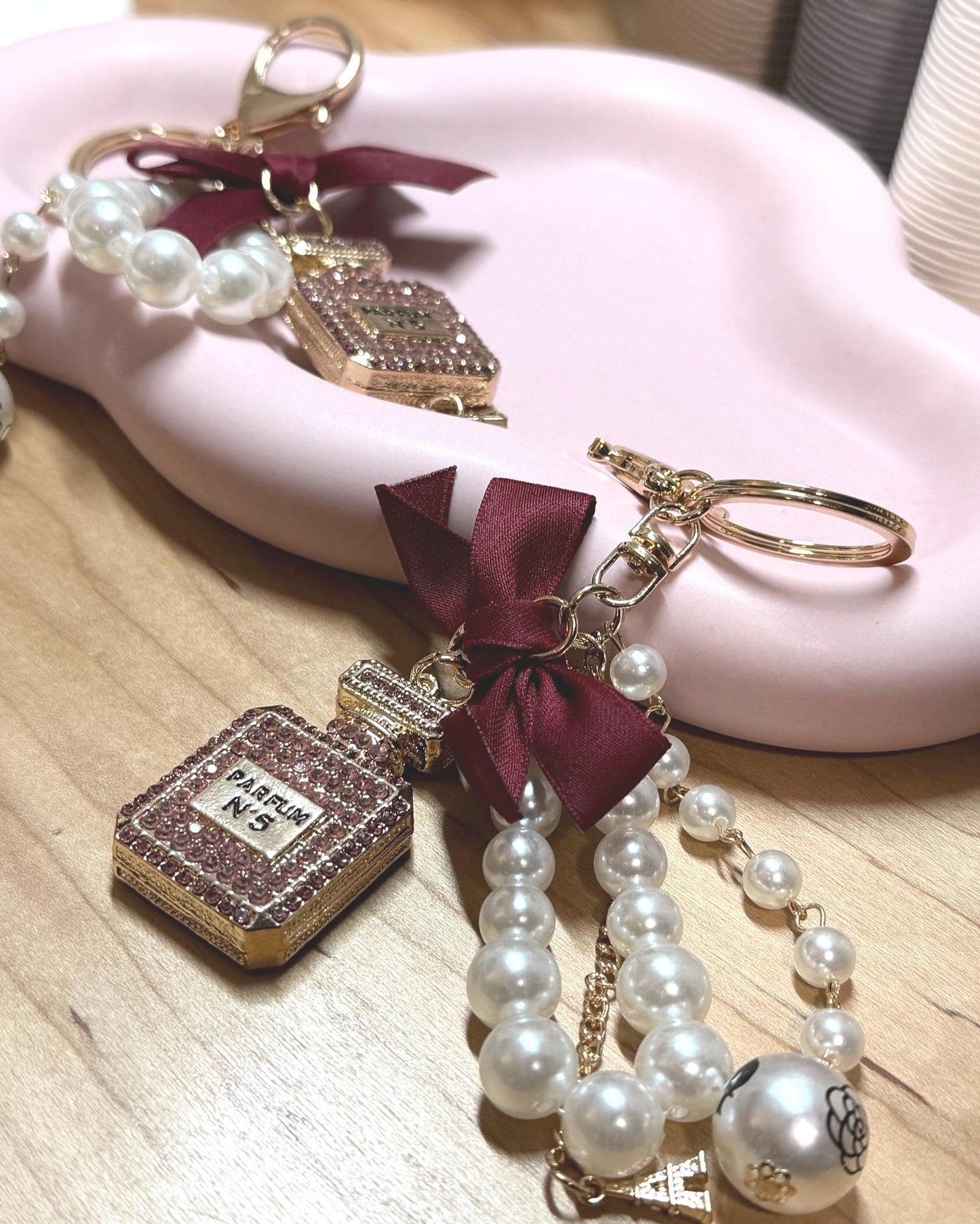 Coco Perfume Bottle Binder Charm | Pearl Bow Keychain | Budget Binder Accessory