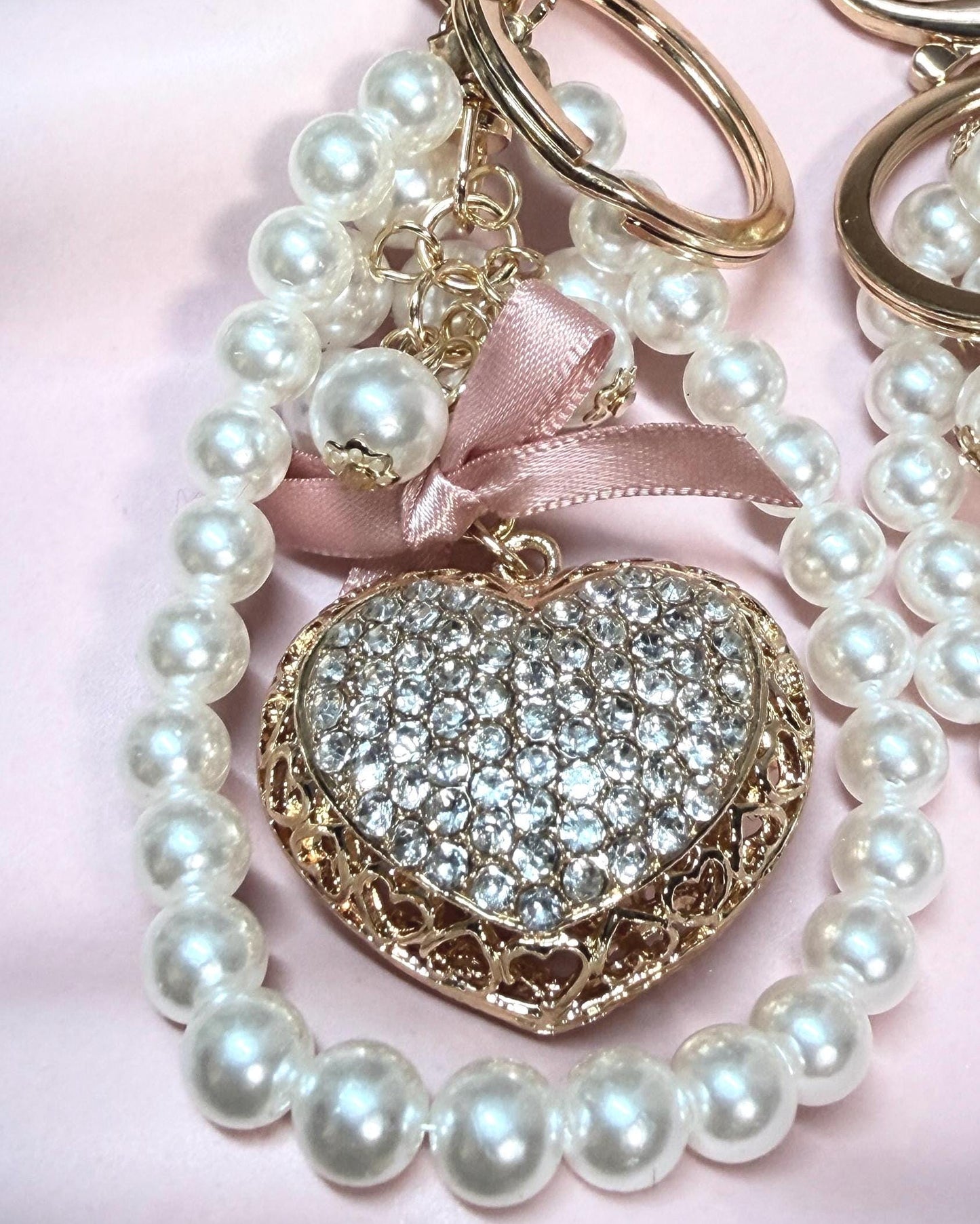 Heart Pendant Keychain | Crystal, Crochet, & Pearl Charm