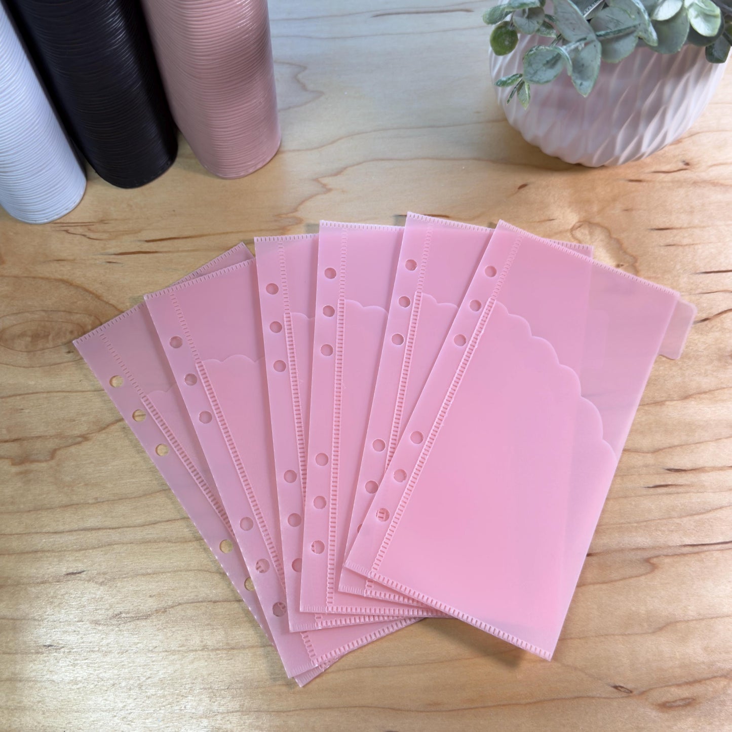 A6 Scalloped Pocket Envelopes | 2-Pocket Binder Inserts | Clear • White • Pink | Reinforced Edges | Cash Stuffing |
