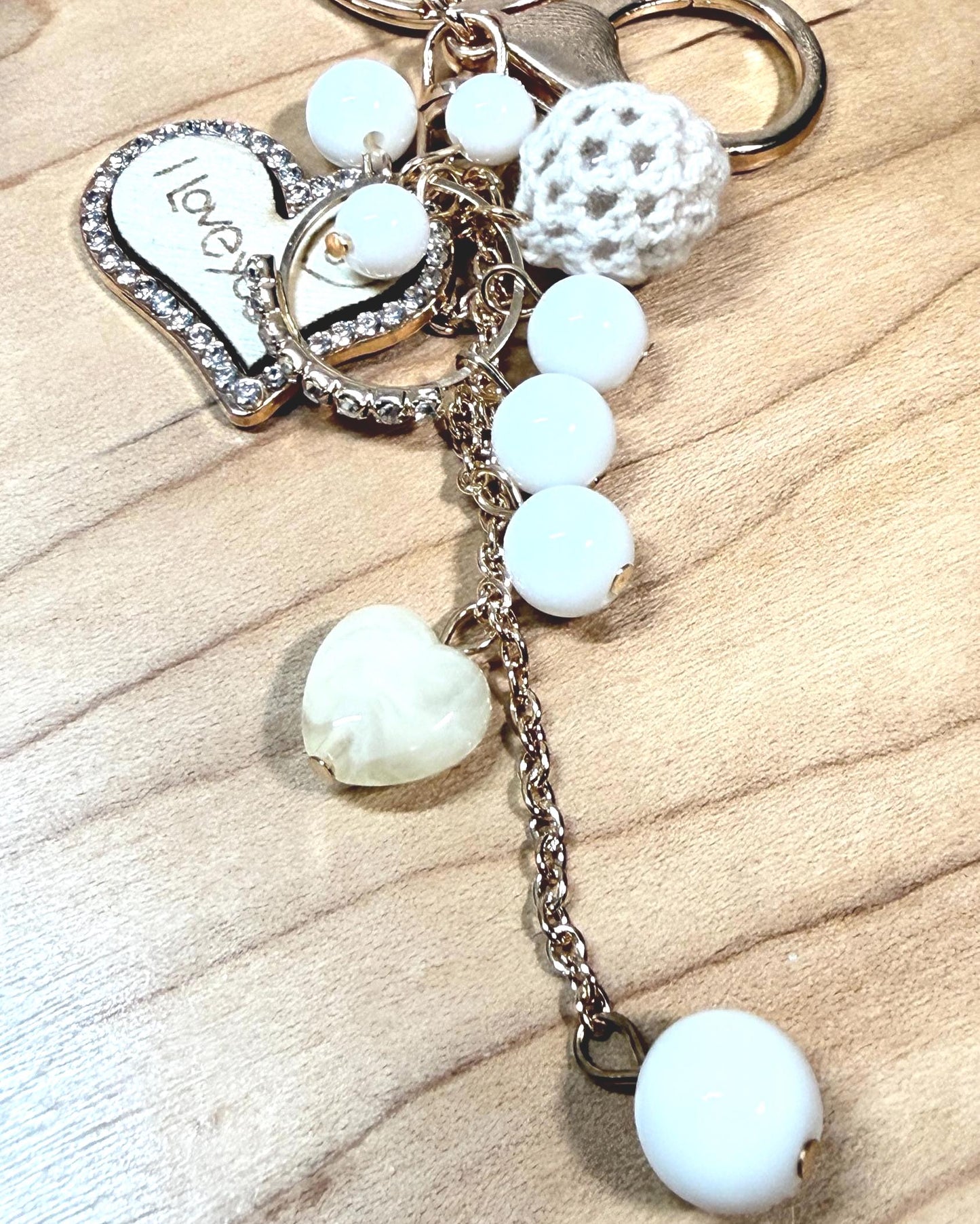 Heart Pendant Keychain | Crystal, Crochet, & Pearl Charm