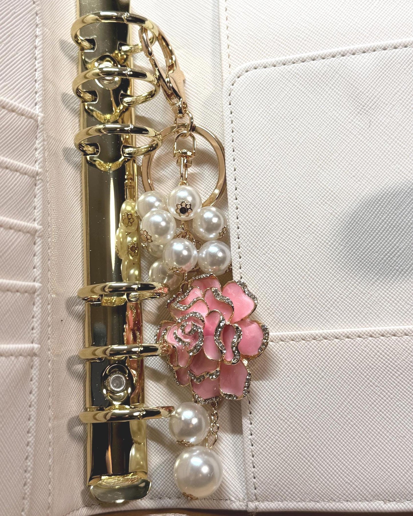 Rose & Pearl Binder Charm: Elegant Enamel Planner Keychain | Pink & Black Styles