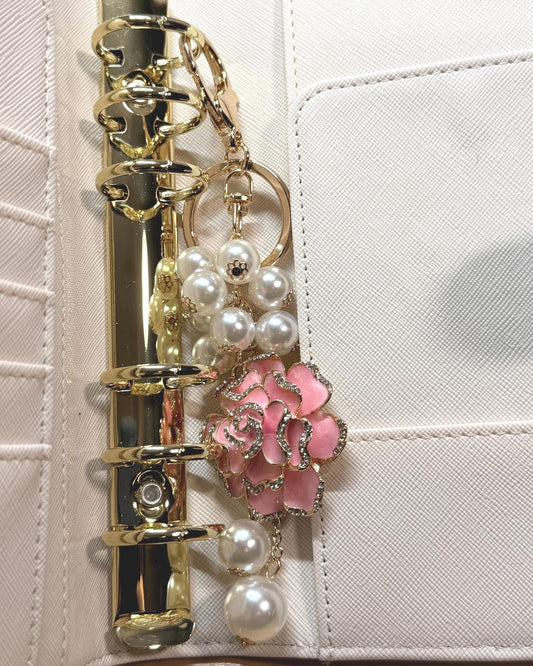 Rose & Pearl Binder Charm: Elegant Enamel Planner Keychain | Pink & Black Styles