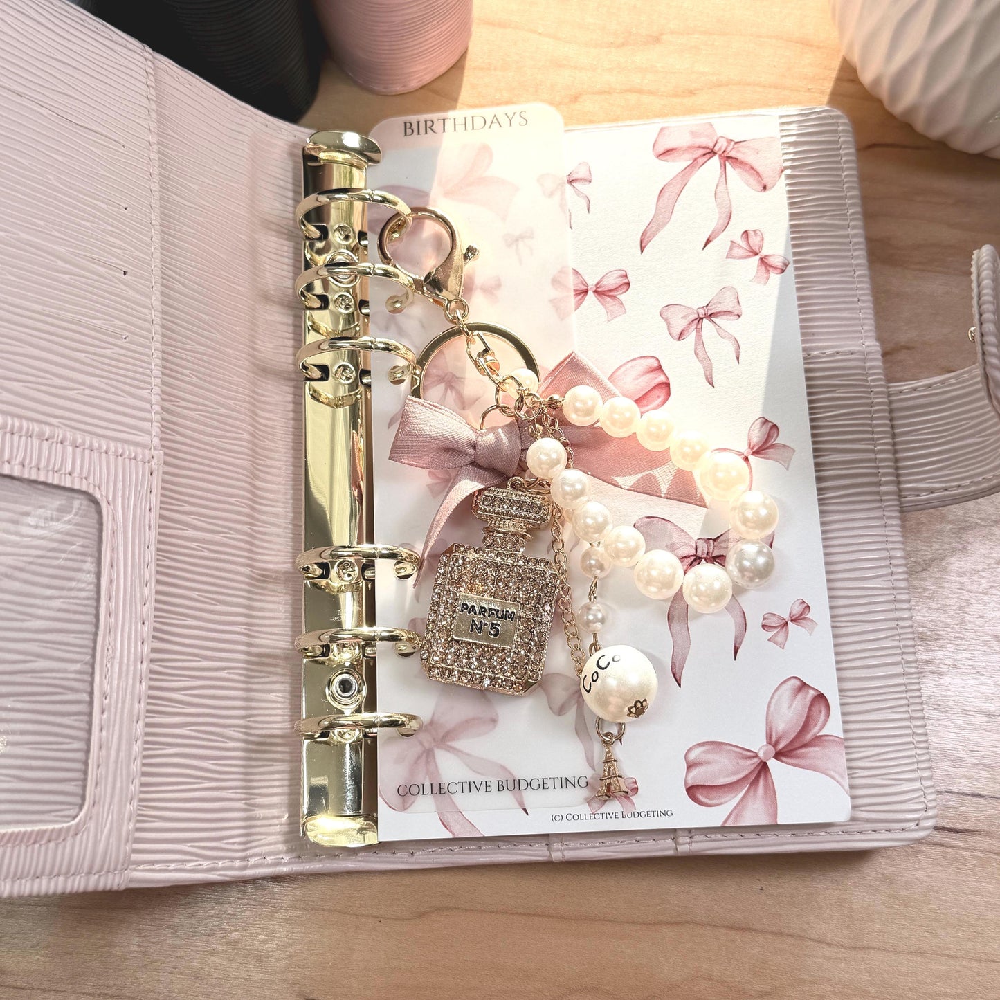 Coco Perfume Bottle Binder Charm: Pearl Bow Keychain | Budget Binder Accessory | 4 Styles