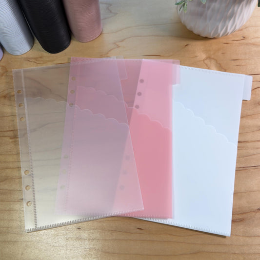 A5 Scalloped Pocket Envelopes | 2-Pocket Binder Inserts | Set of 6 + Labels | Clear • Pink • White |