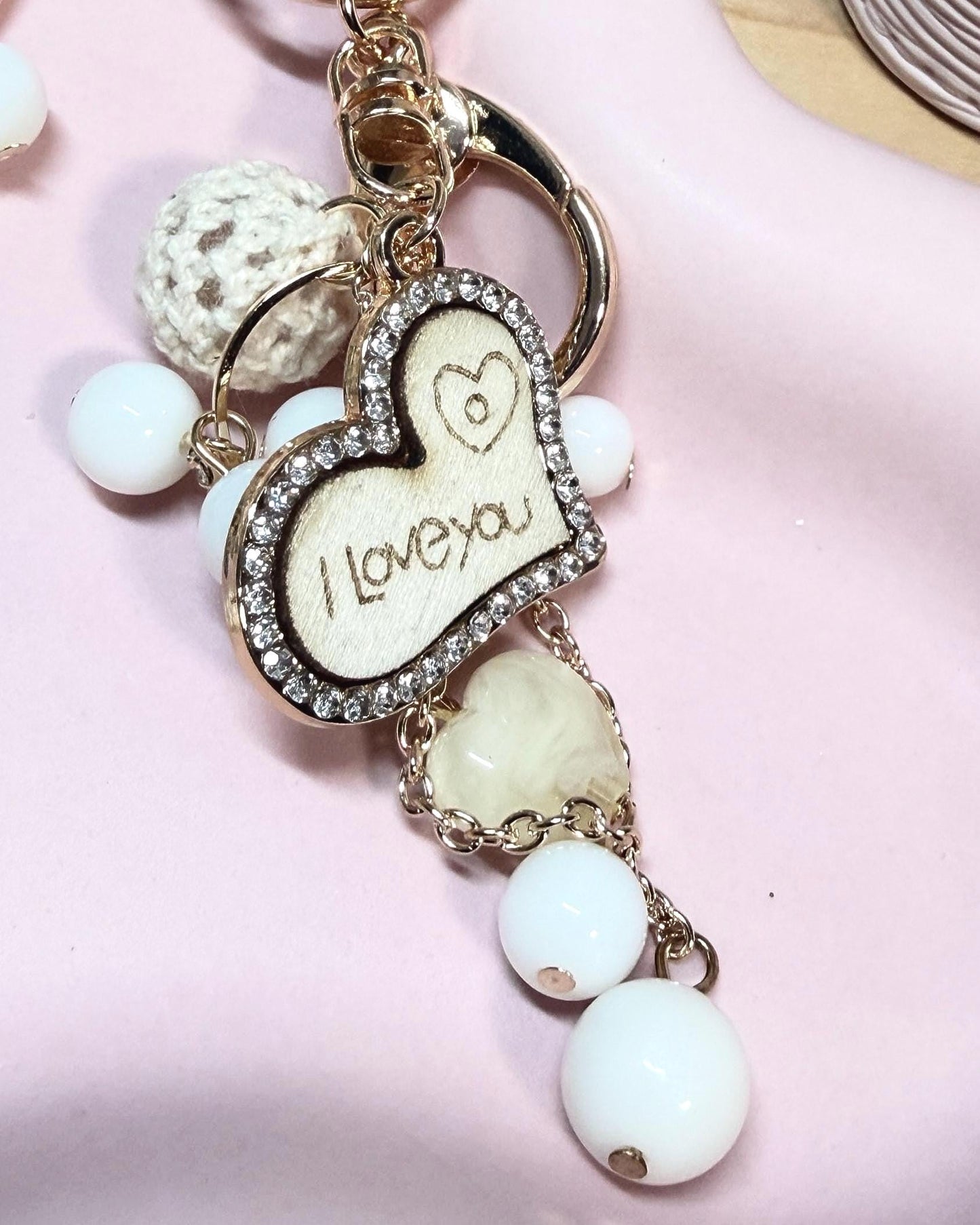 Heart Pendant Keychain | Crystal, Crochet, & Pearl Charm