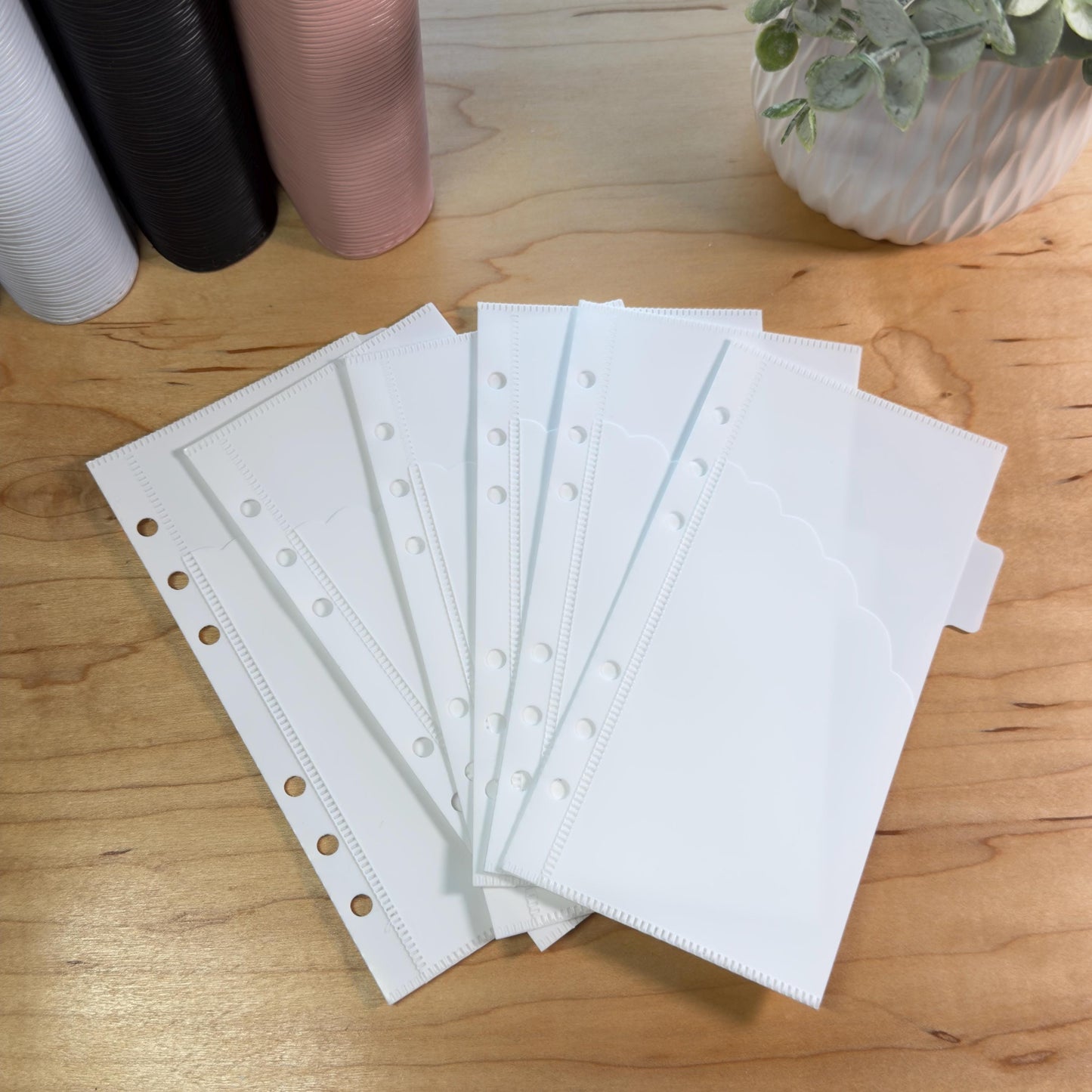 A6 Scalloped Pocket Envelopes | 2-Pocket Binder Inserts | Clear • White • Pink | Reinforced Edges | Cash Stuffing |