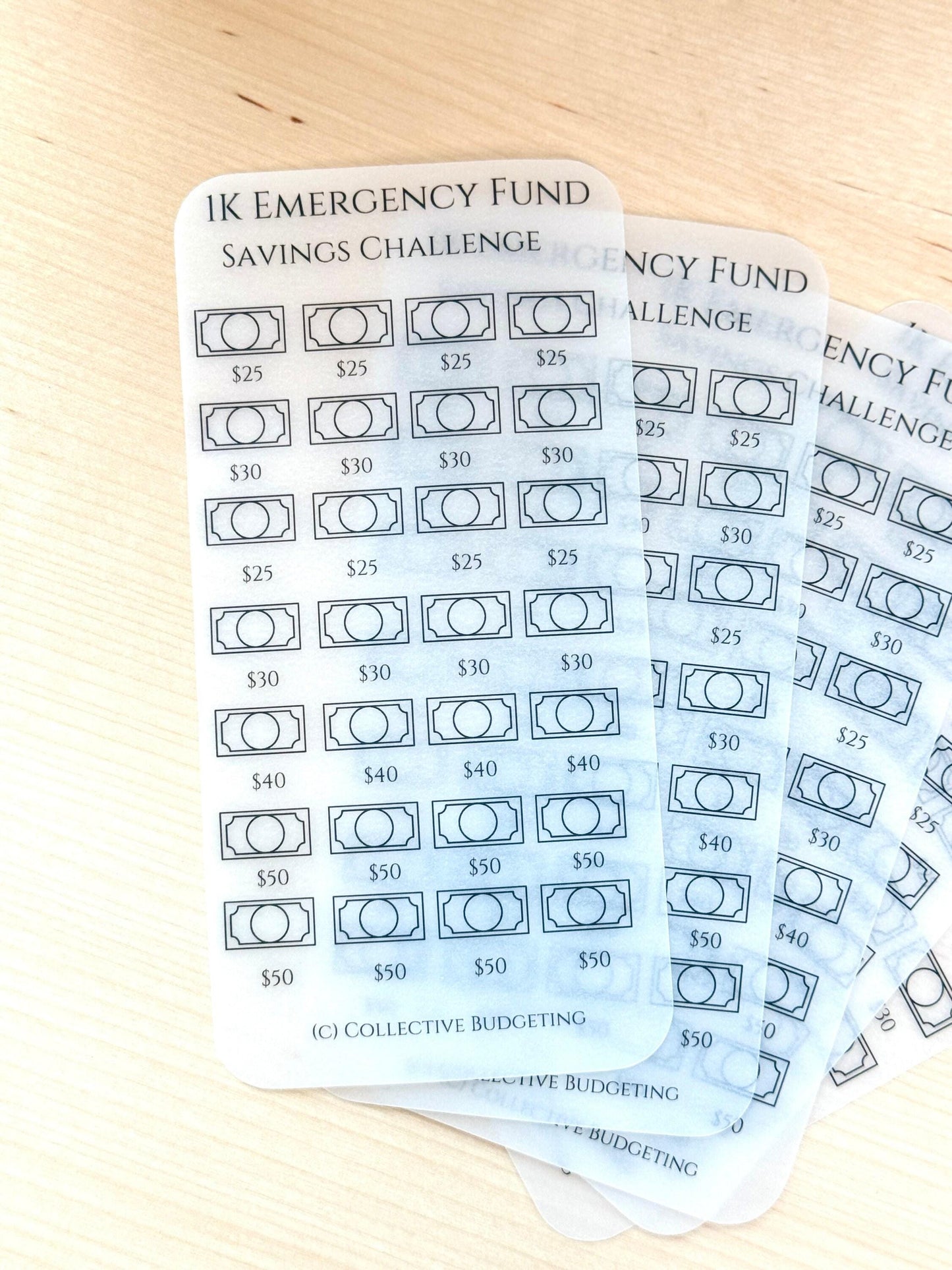 Reusable Savings Challenge Tracker: Laminated Vellum, $1K, $5, $10 & $20 Bill Challenges