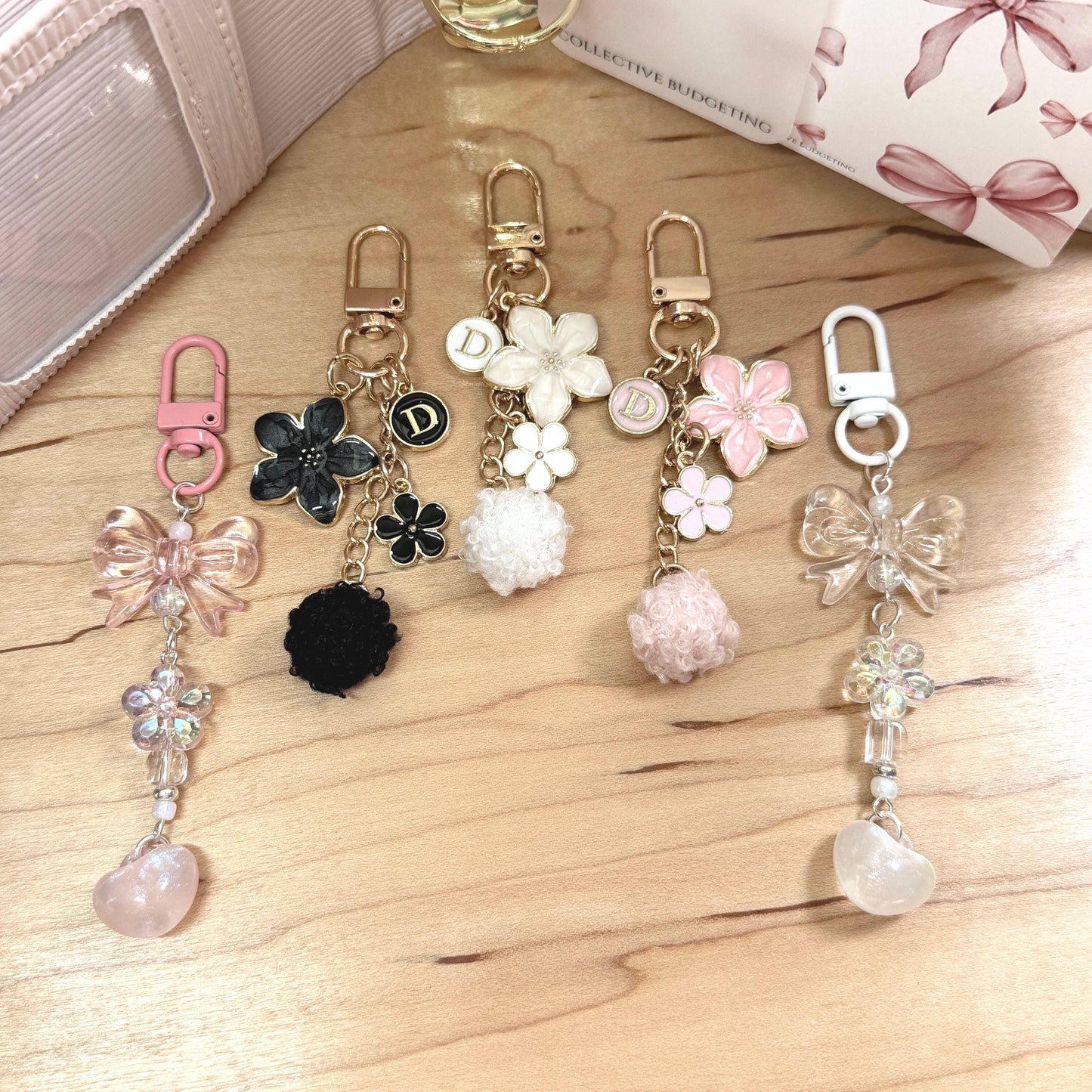 Binder Charm | Bow & Flower Planner Keychain | Heart or Pom-Pom Accessory |