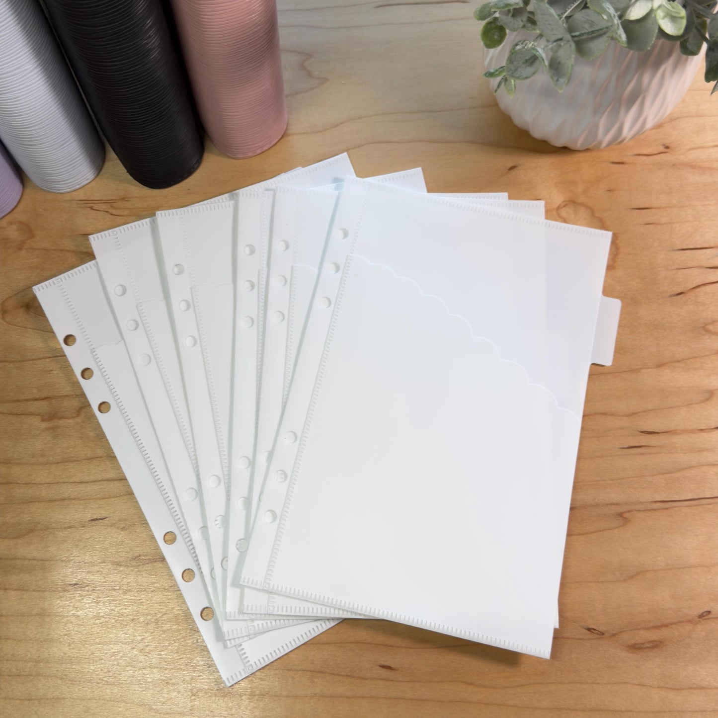 A5 Scalloped Pocket Envelopes | 2-Pocket Binder Inserts | Set of 6 + Labels | Clear • Pink • White |
