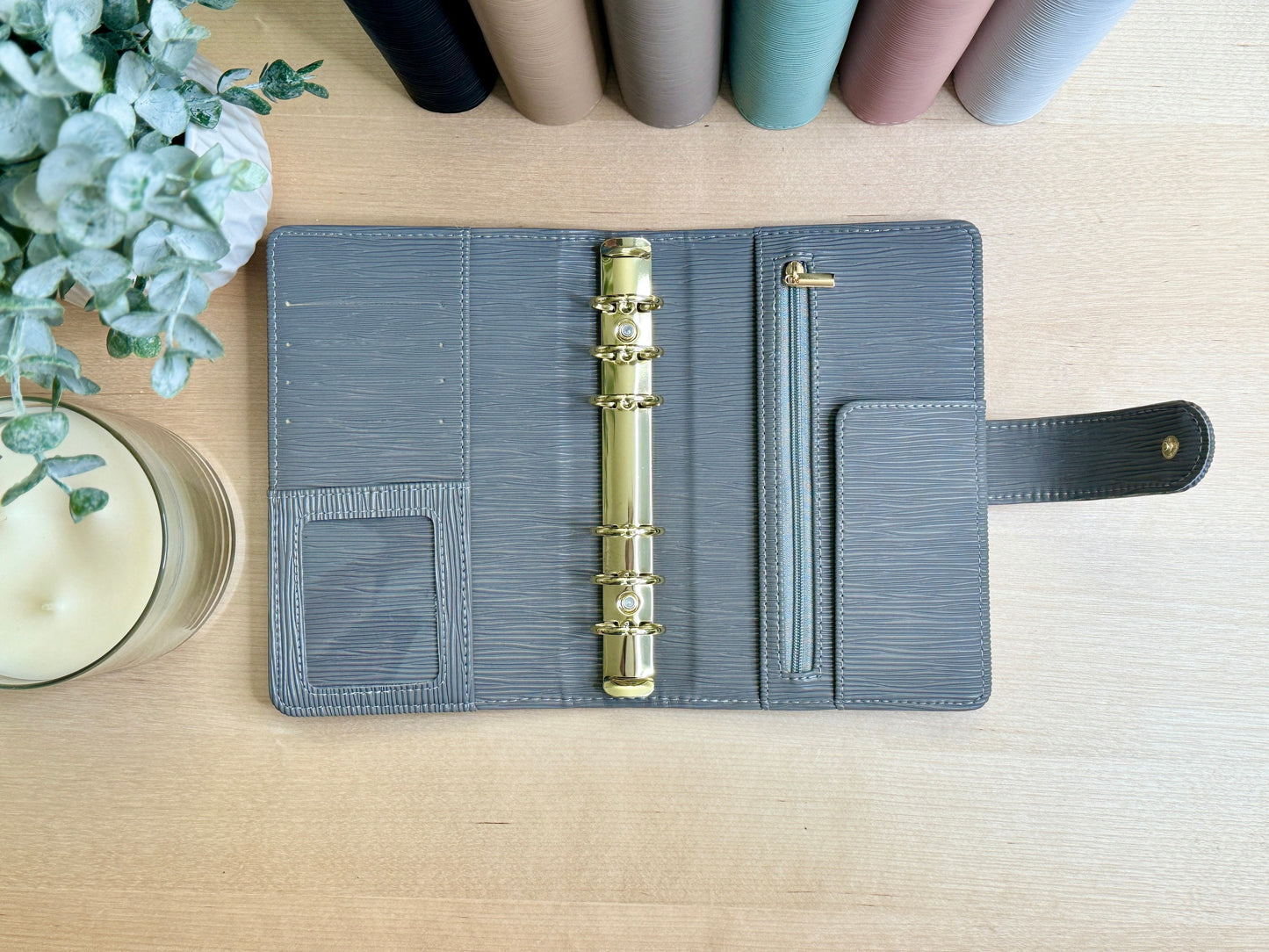 A6 Saffiano Budget Binder: Gold Rings, Buckle Closure & Inner Zipper Pocket | 22 Colors