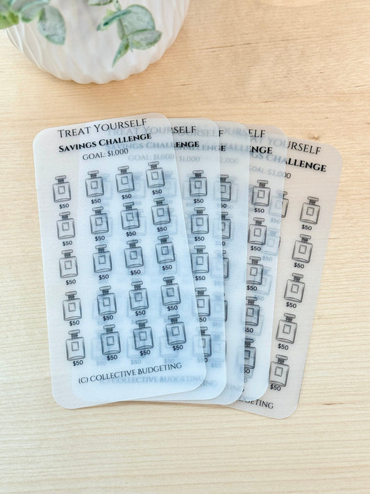 Treat Yourself Savings Challenge Tracker: Self-Care & Splurge Budget | Laminated Vellum