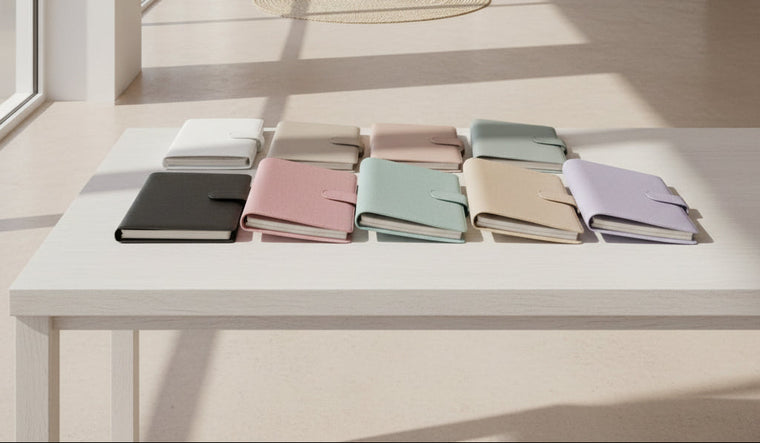 Set of colorful fabric swatches labeled with color names on a wooden surface.