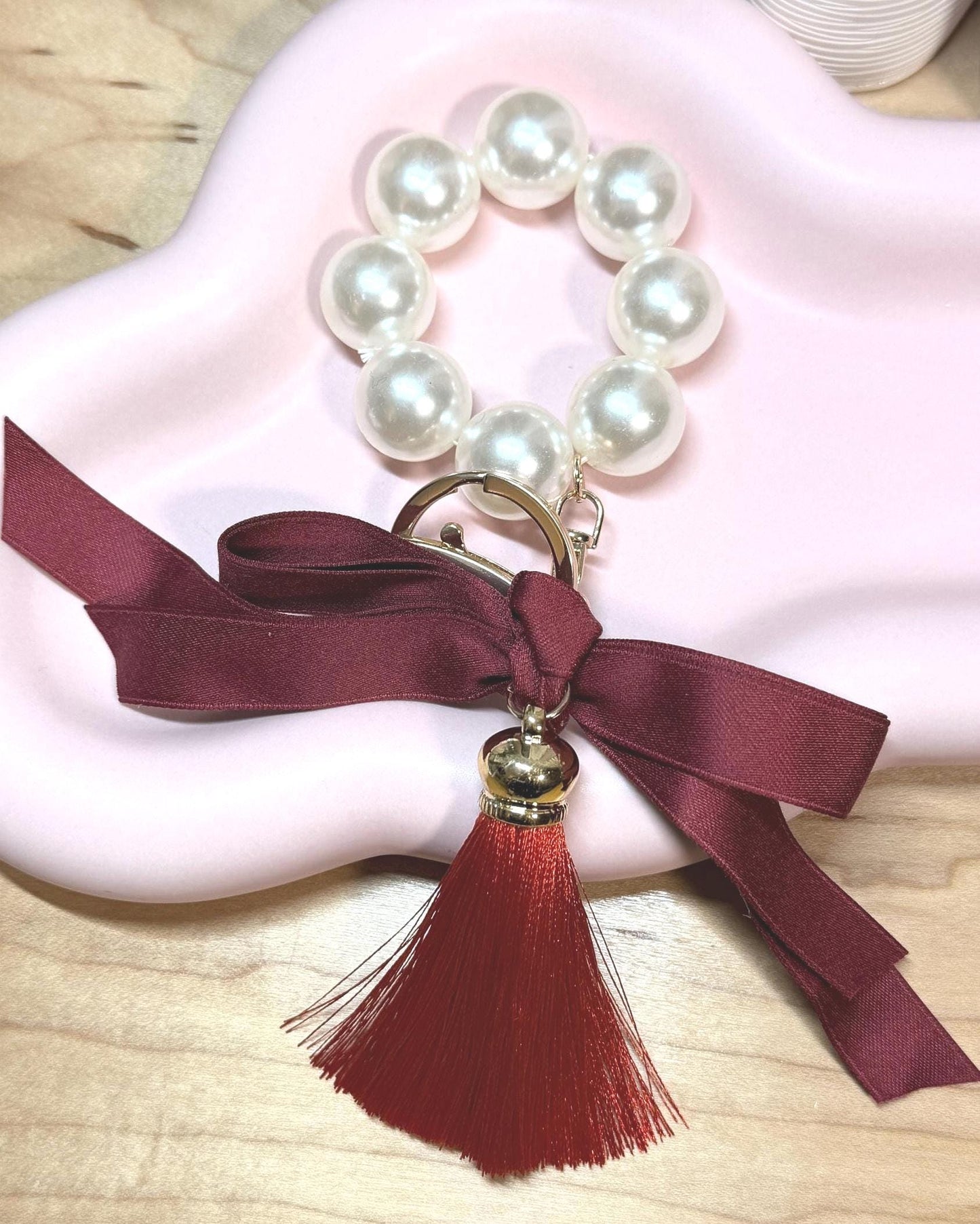 Faux Pearl Bracelet Keychain | Ribbon Tassel Planner Charm