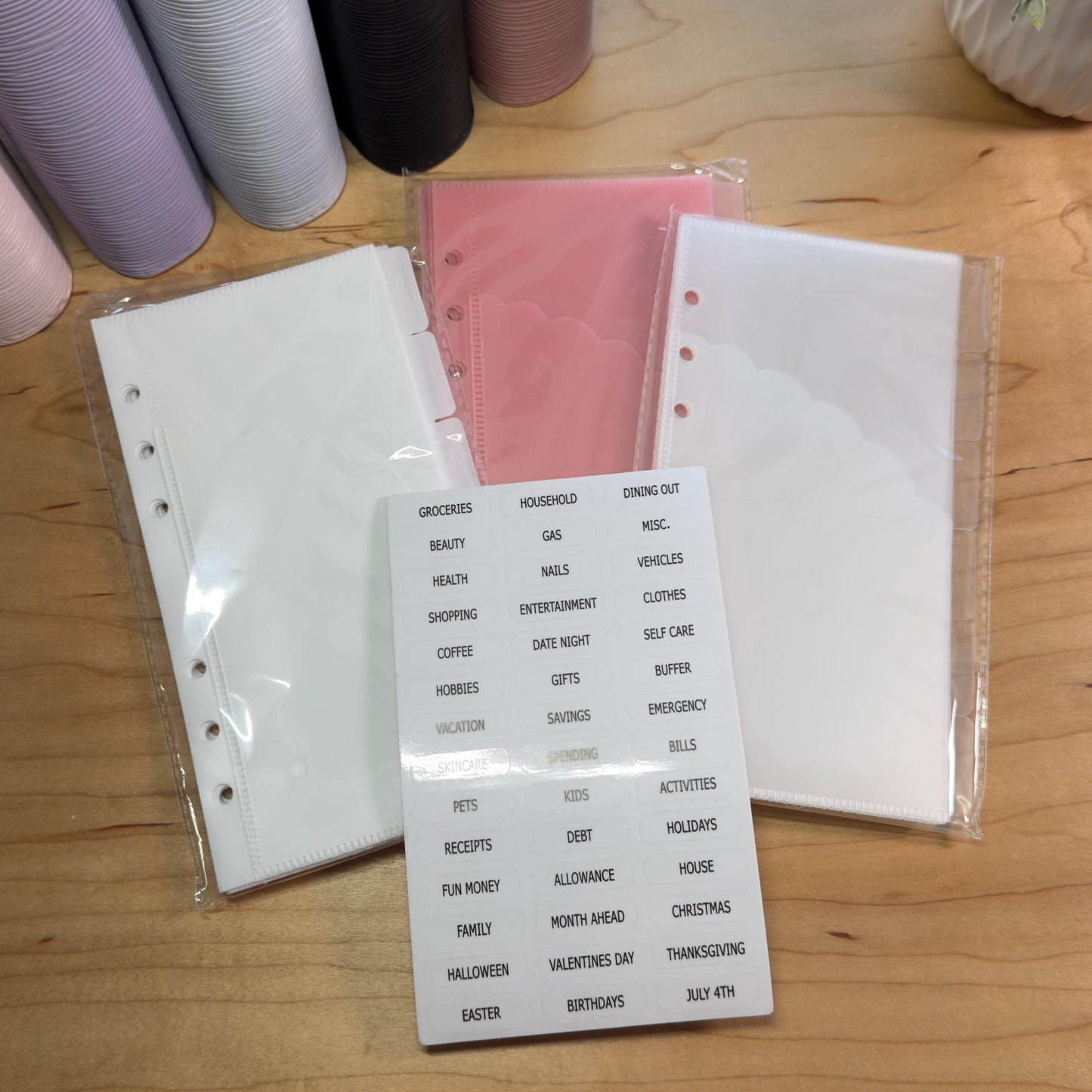 A6 Scalloped Pocket Envelopes | 2-Pocket Binder Inserts | Clear • White • Pink | Reinforced Edges | Cash Stuffing |