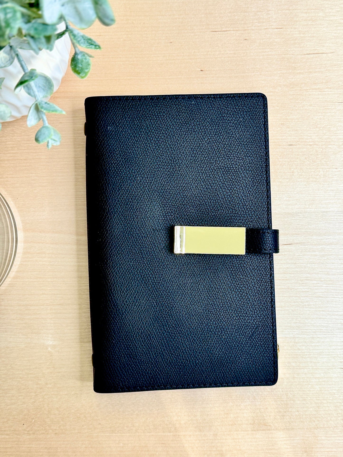 A6 Black Leather Wallet,  Cash Stuffing Envelope Wallet, Budget Organizer, Zipper, and Buckle.