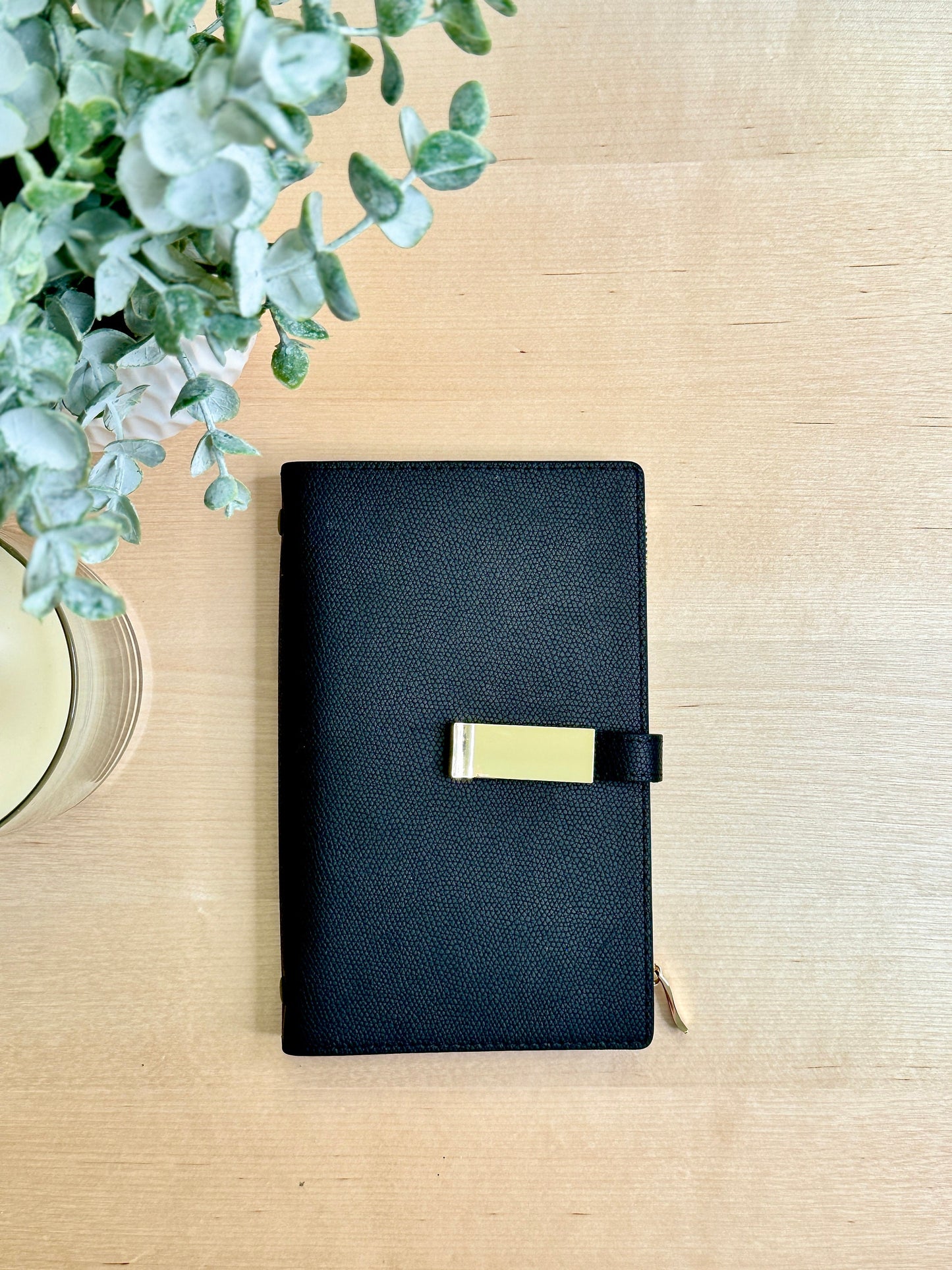 A6 Black Leather Wallet,  Cash Stuffing Envelope Wallet, Budget Organizer, Zipper, and Buckle.