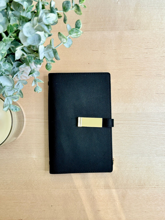 A6 Black Leather Wallet,  Cash Stuffing Envelope Wallet, Budget Organizer, Zipper, and Buckle.