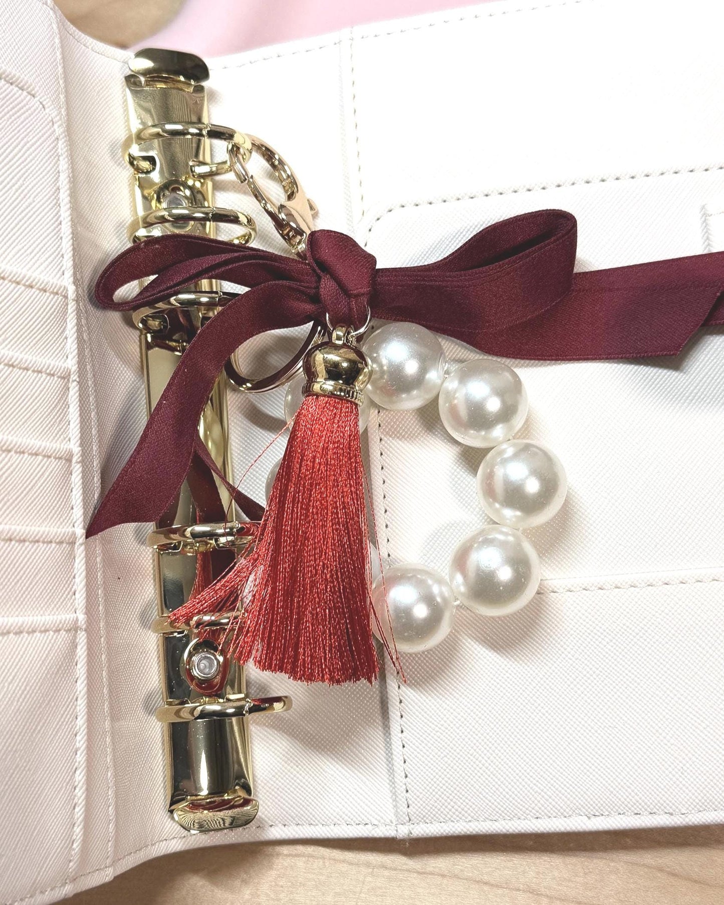 Faux Pearl Bracelet Keychain | Ribbon Tassel Planner Charm