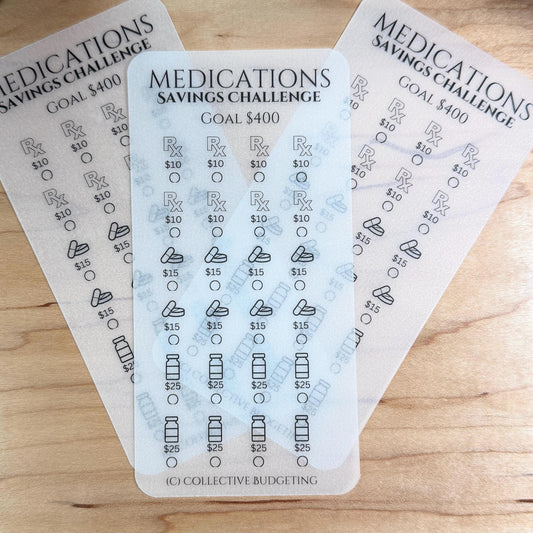 Medications Savings Challenge | Prescription Budget Tracker | Cash Stuffing Insert | A6/A7 Savings Card |