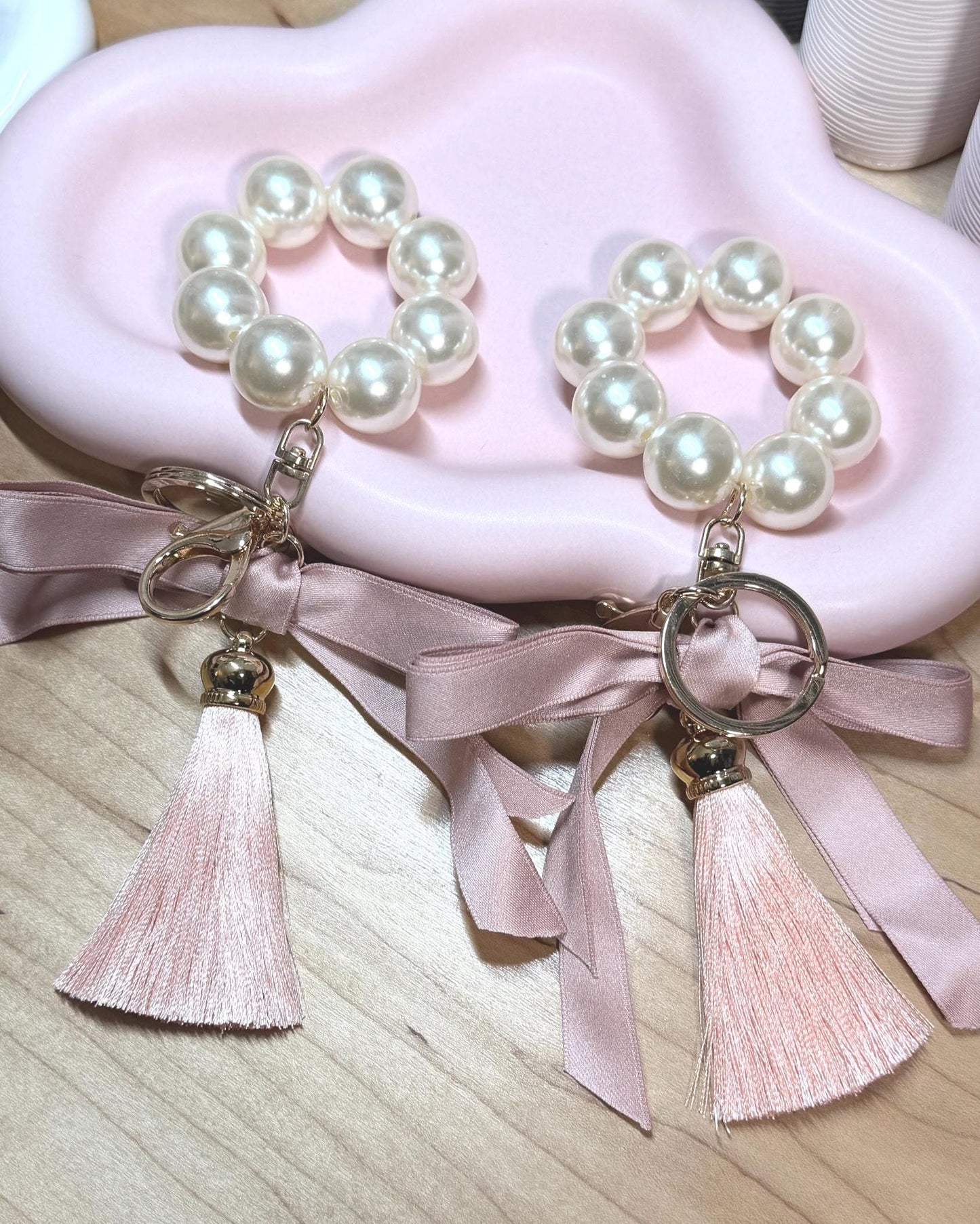 Faux Pearl Bracelet Keychain | Ribbon Tassel Planner Charm