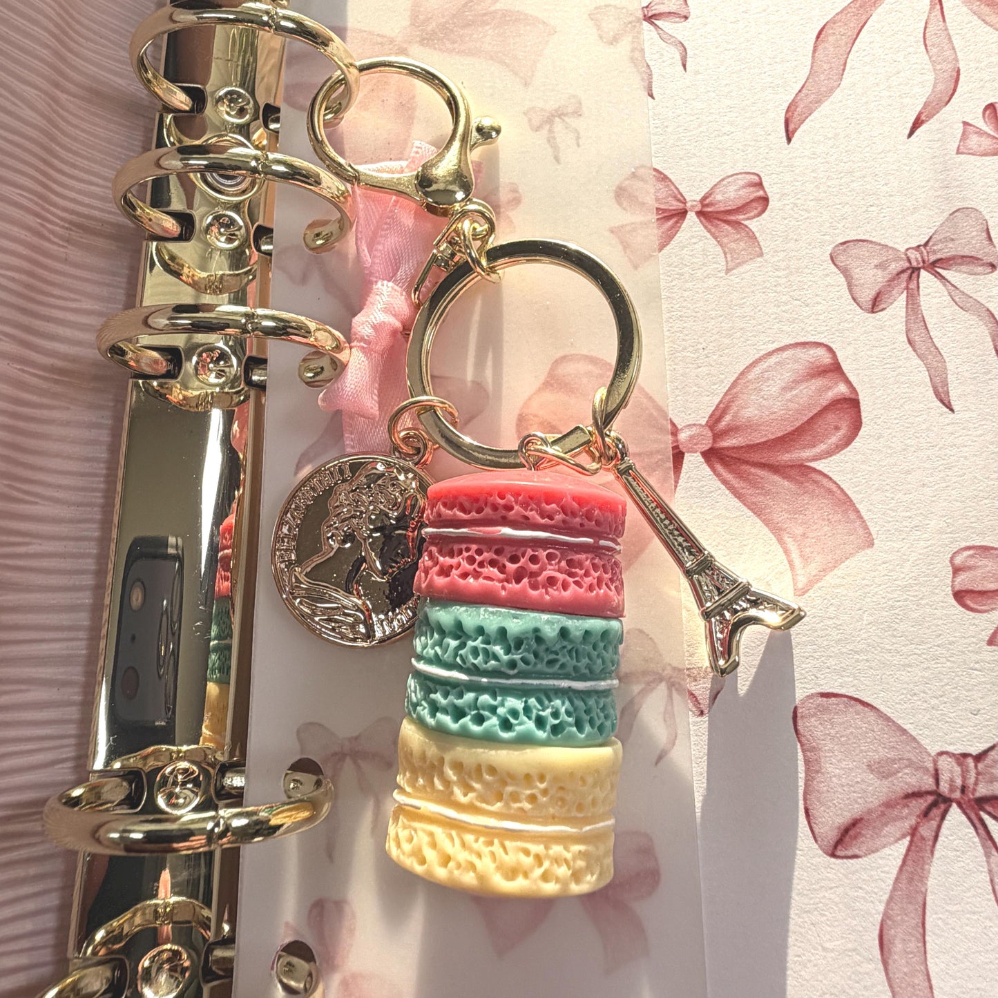 Budget Binder Charm | Macaron Keychain Accessory | Paris Planner Charm with Bow & Coin