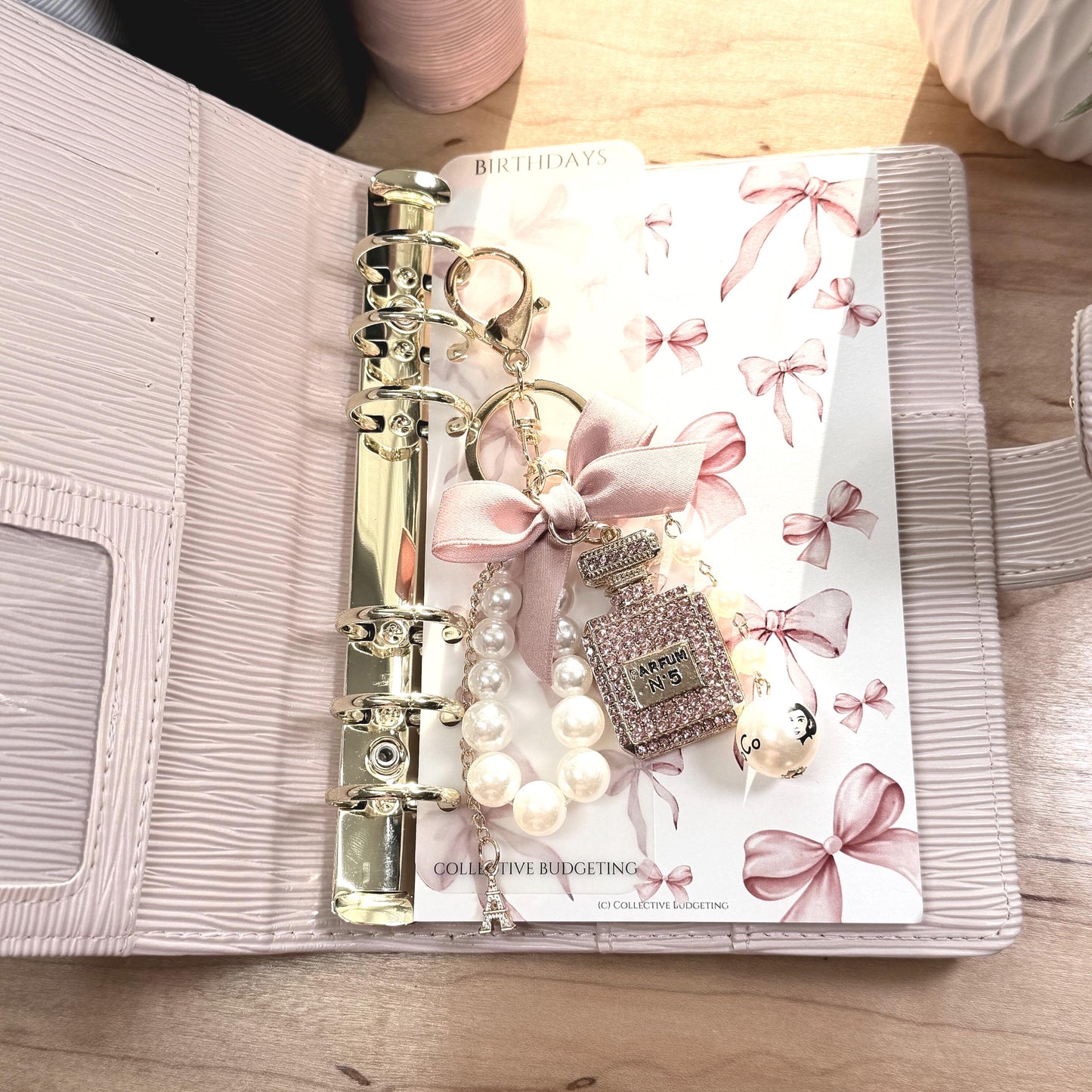 Coco Perfume Bottle Binder Charm: Pearl Bow Keychain | Budget Binder Accessory | 4 Styles