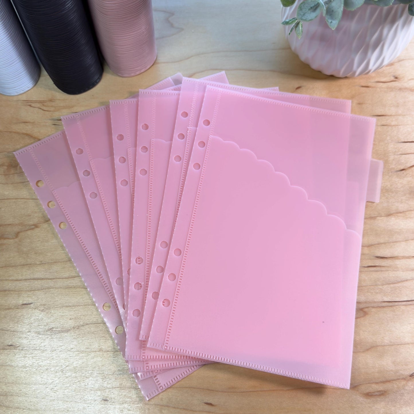 A5 Scalloped Pocket Envelopes | 2-Pocket Binder Inserts | Set of 6 + Labels | Clear • Pink • White |