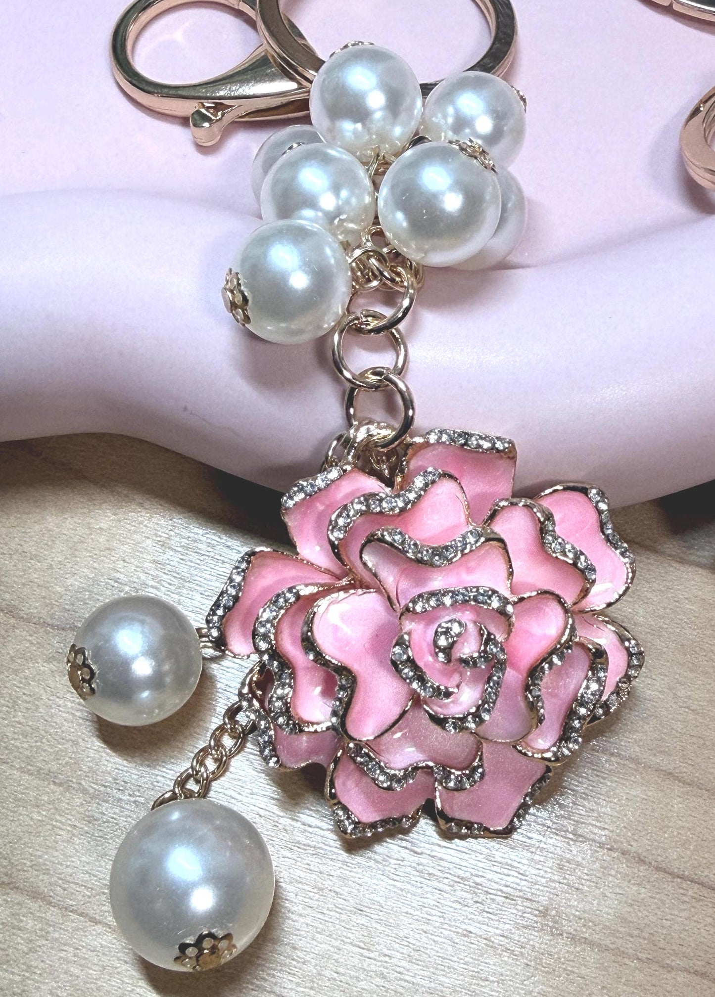 Rose & Pearl Binder Charm: Elegant Enamel Planner Keychain | Pink & Black Styles