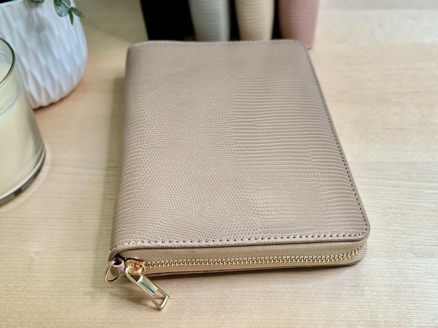 A6 Lizard Print Budget Binder Wallet: Zippered Cash Envelope Organizer