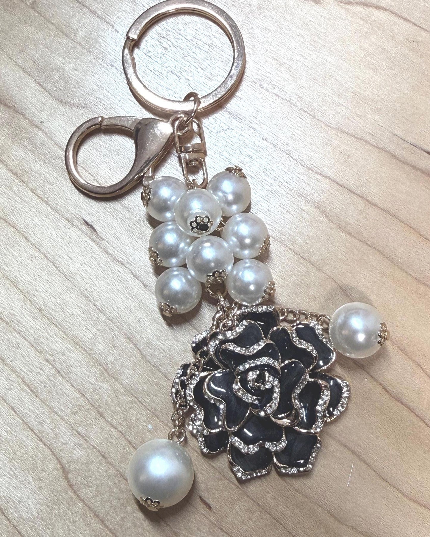Rose & Pearl Binder Charm: Elegant Enamel Planner Keychain | Pink & Black Styles
