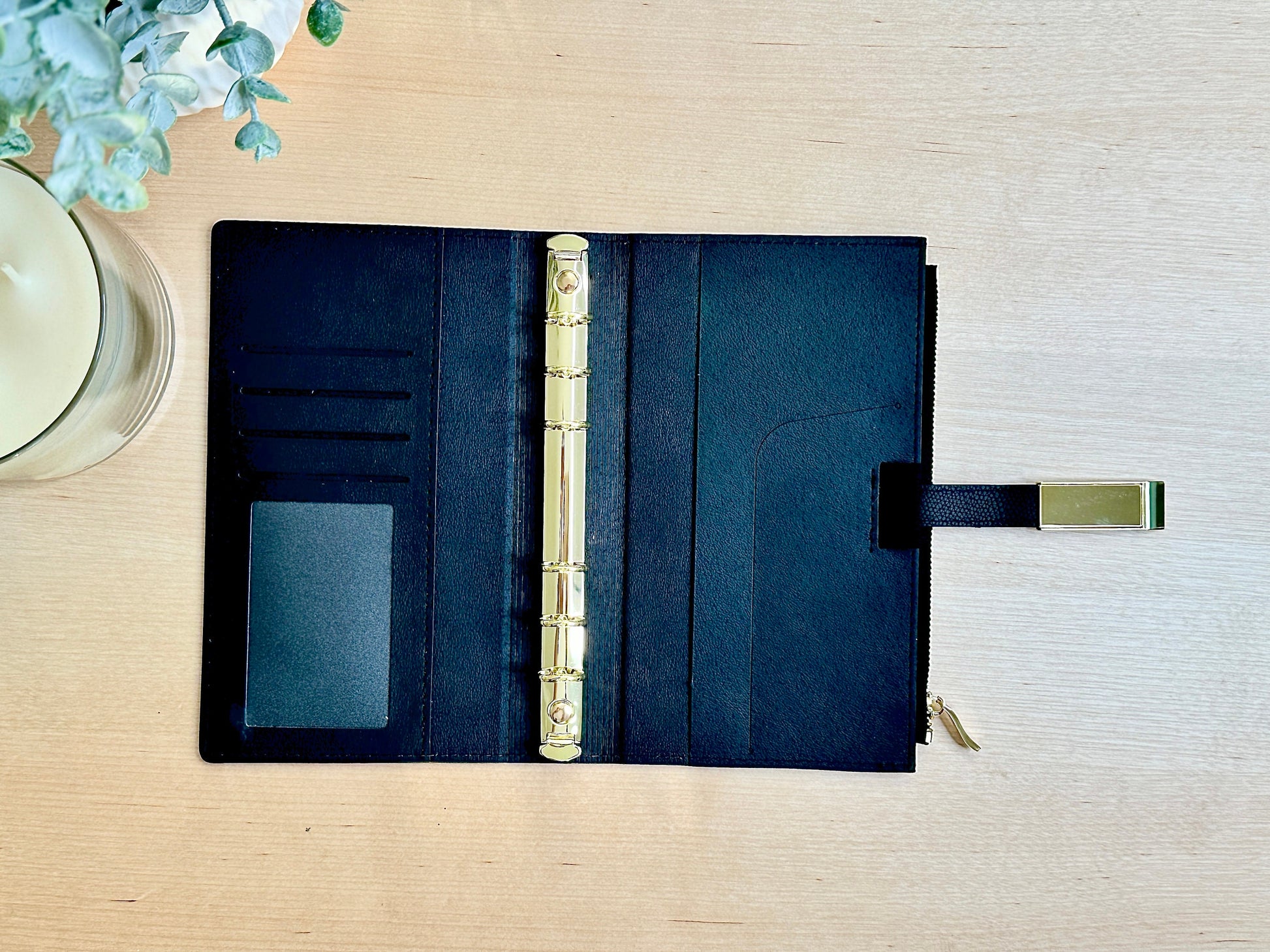 A6 Black Leather Wallet, Cash Stuffing Envelope Wallet, Budget Organizer, Zipper, and Buckle.