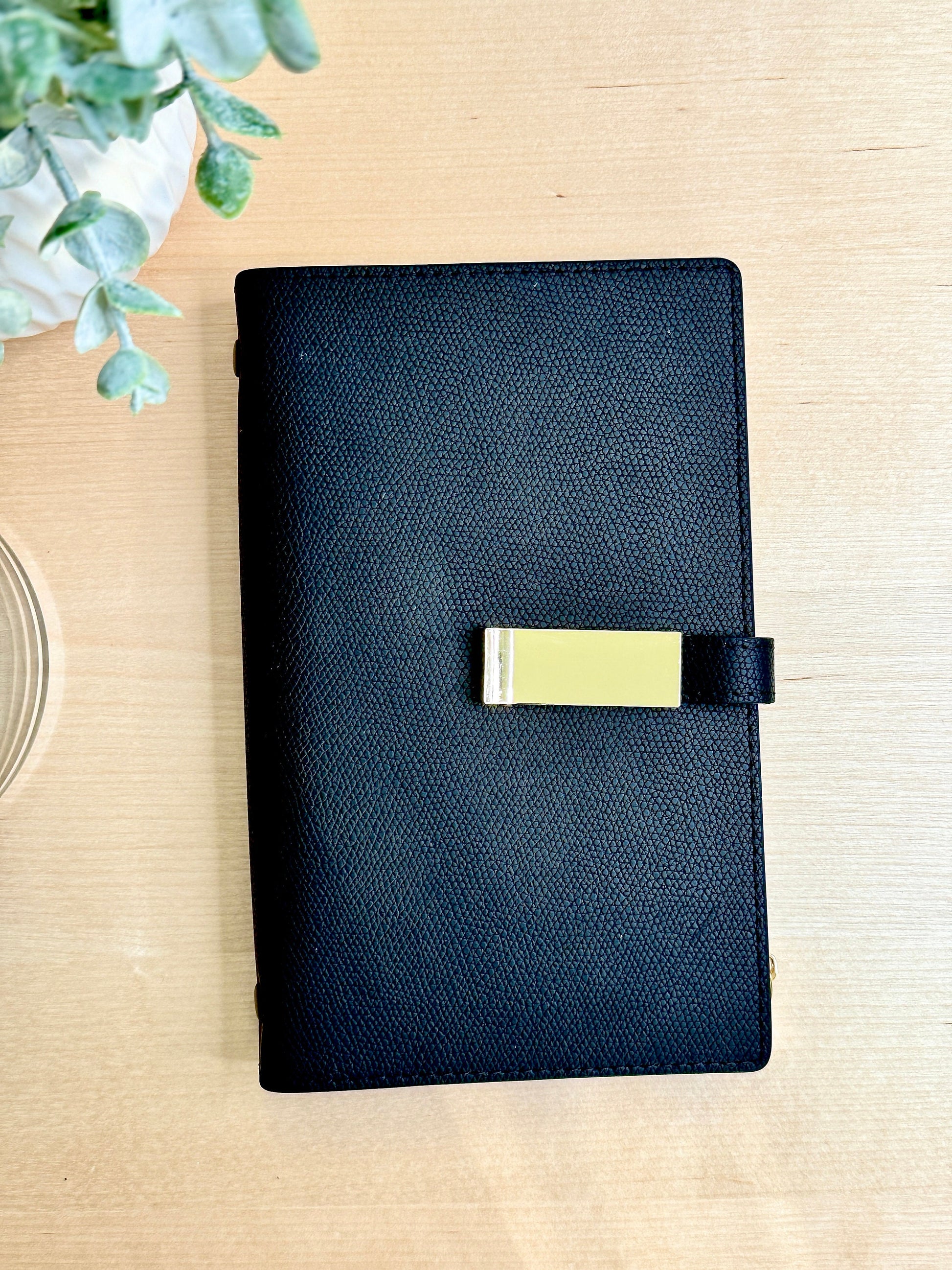 A6 Black Leather Wallet, Cash Stuffing Envelope Wallet, Budget Organizer, Zipper, and Buckle.