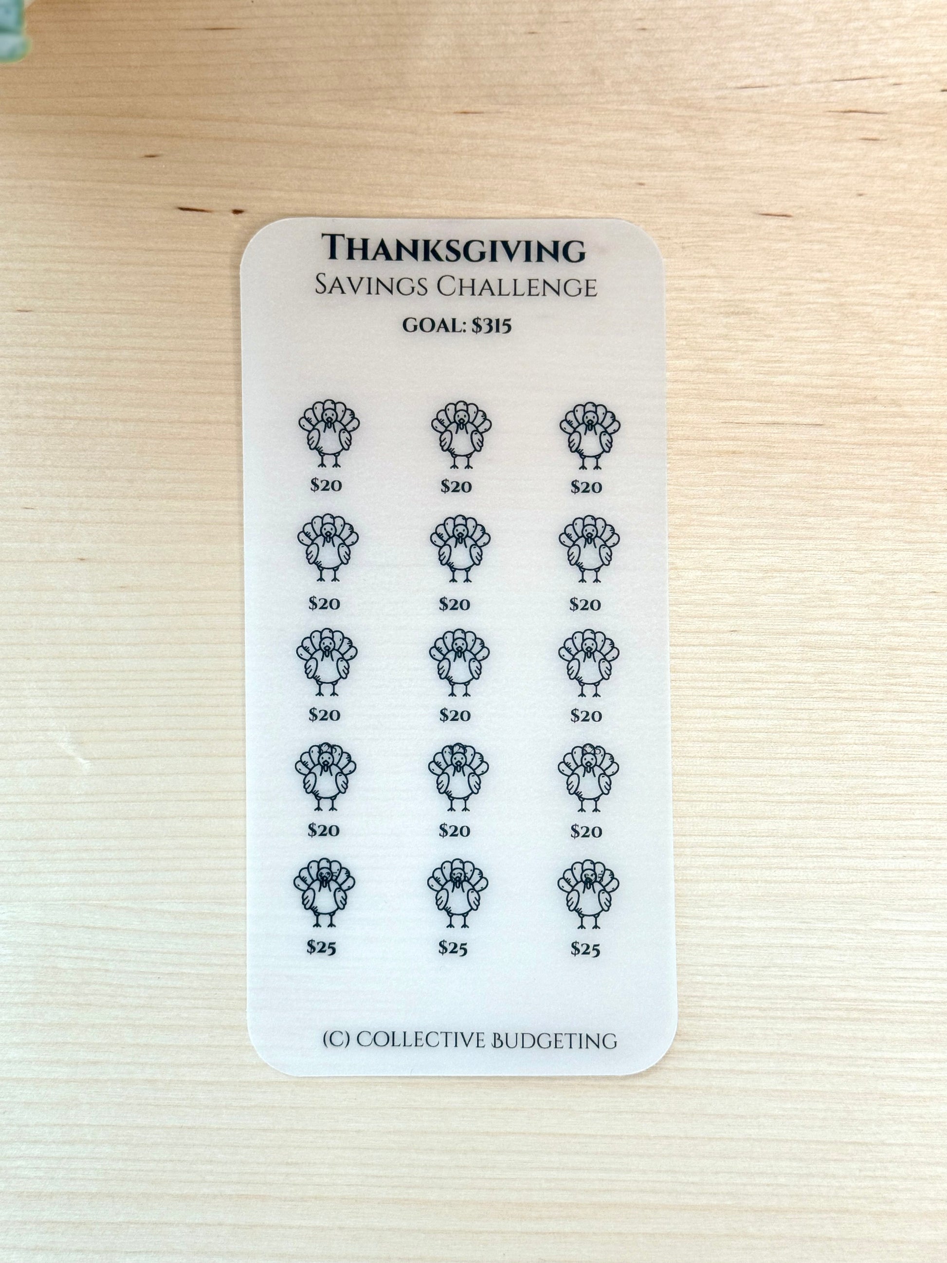 A white printable sheet with a Thanksgiving savings challenge. The sheet has a black outline of a turkey with the text '$20' below each turkey. The sheet has the text 'THANKSGIVING SAVINGS CHALLENGE GOAL: $315' at the top and the text '(C) COLLECTIVE BUDGETING' at the bottom.