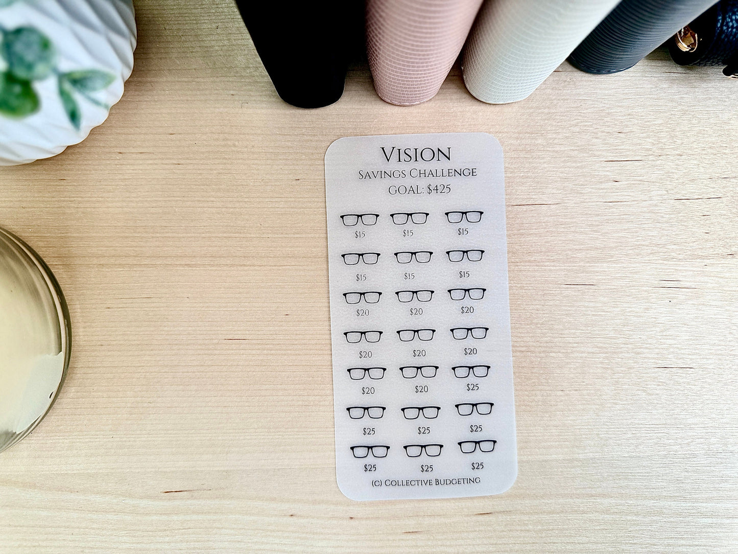Vision Savings Challenge Card | Laminated Vellum Cash Tracker for Eye Exams, Glasses, Contacts, and Vision Expenses