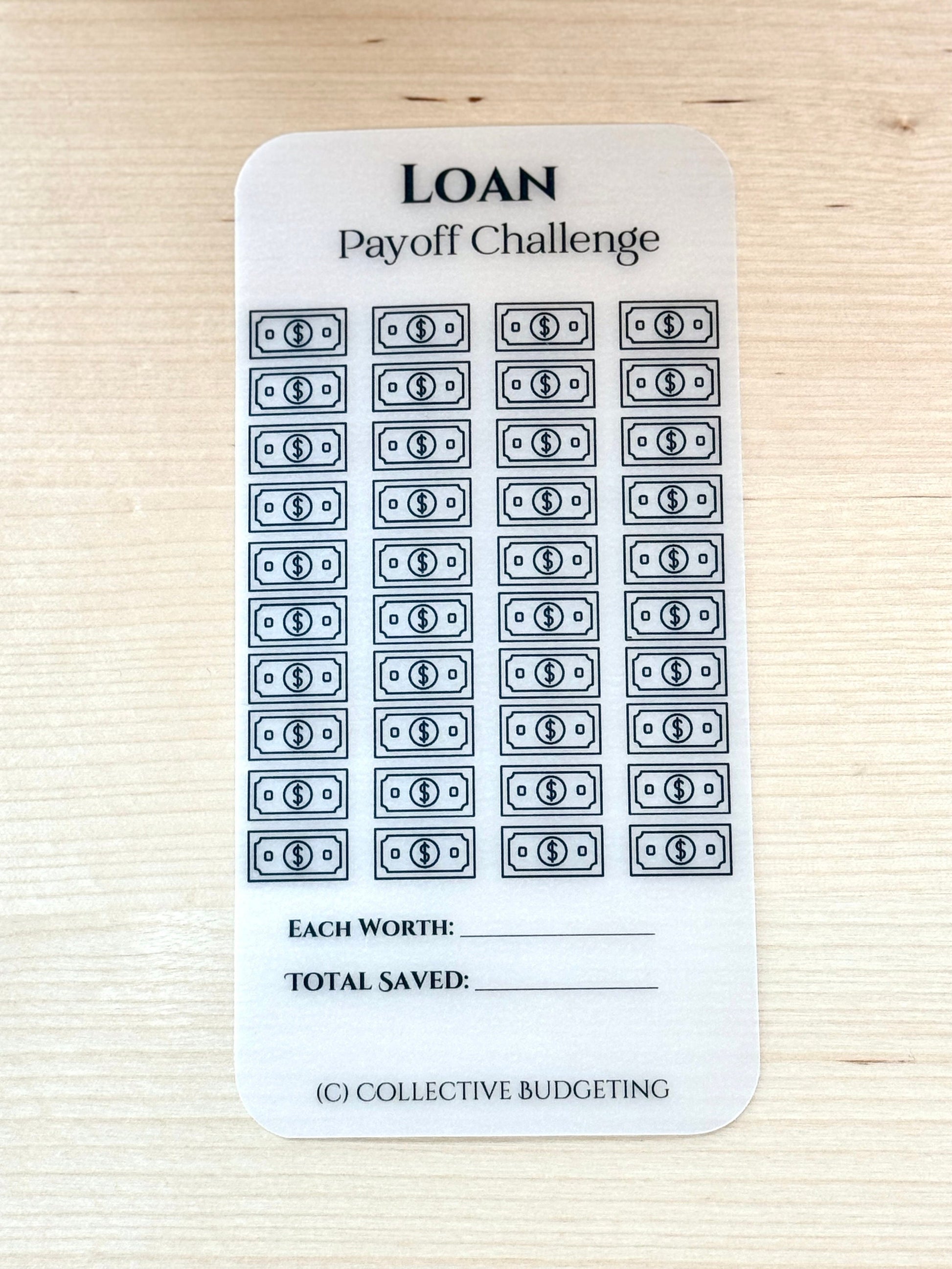 A white printed laminated sheet with the text 'LOAN Payoff Challenge' at the top. The sheet has a grid of 48 black and white dollar bill icons. The sheet has two blank lines for 'EACH WORTH' and 'TOTAL SAVED'. The bottom of the sheet has the text '(C) COLLECTIVE BUDGETING'.