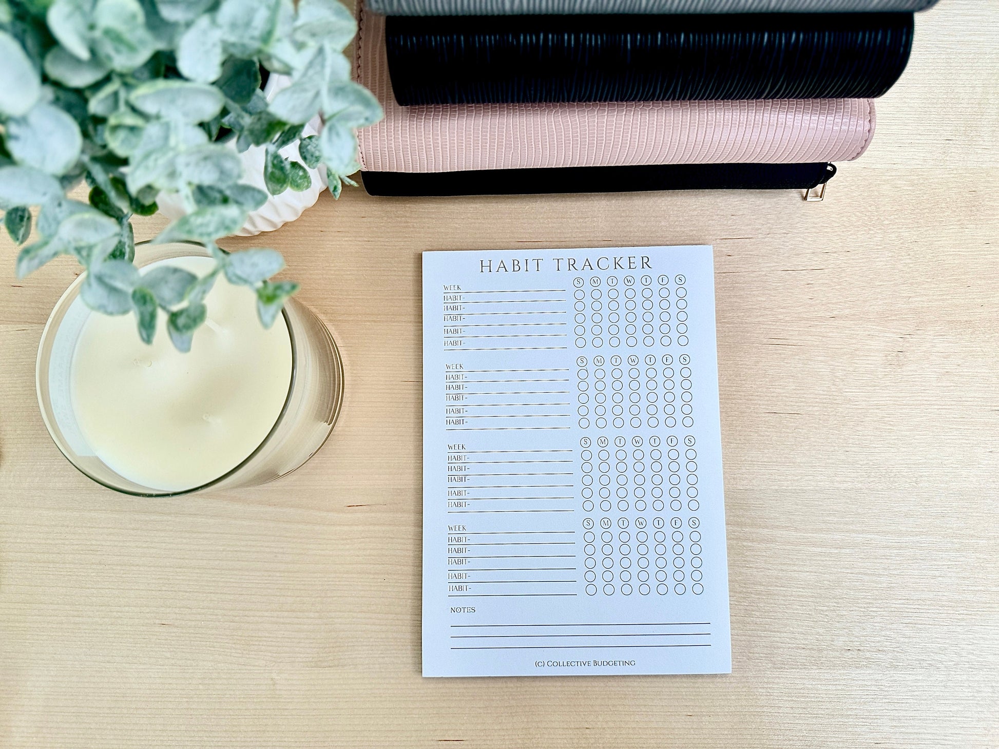 A white habit tracker with black text. The tracker has a section for writing the date and a section for marking off habits. The text on the tracker reads 'Habit Tracker' and 'ECO COLLECTIVE BUDGETING'.