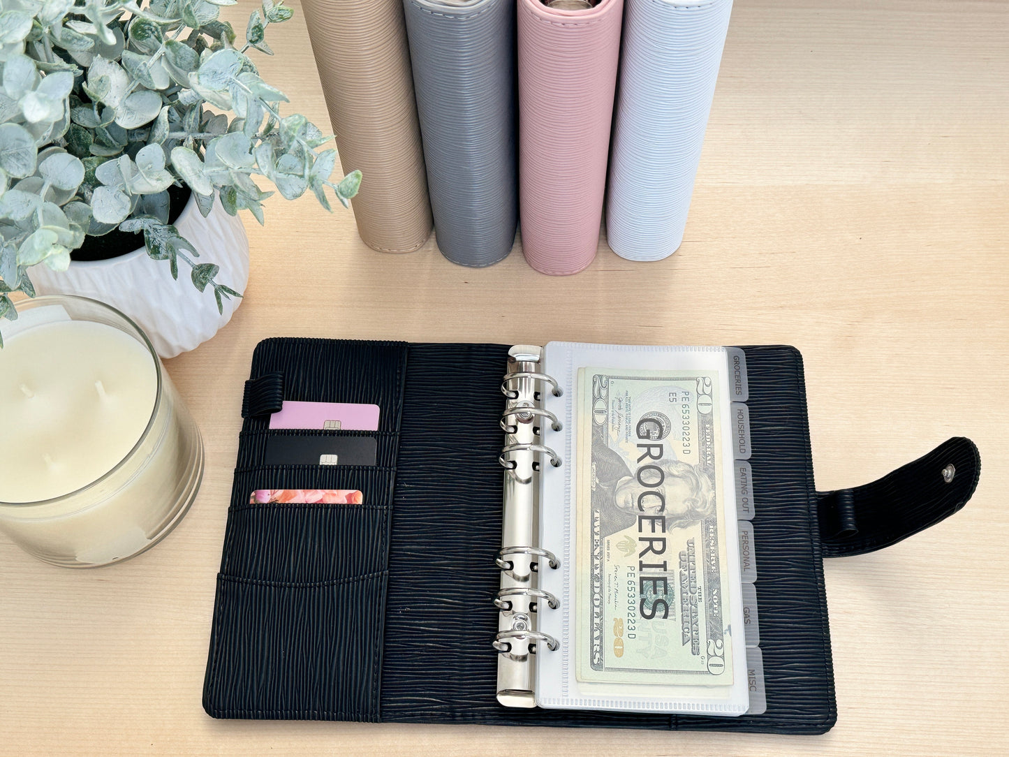 A6 Budget Binder with Silver Rings. Wallet. Cash Stuffing Envelope Wallet. Budget Organizer. Epi. Saffiano. Buckle. Black inside view in use with credit cards and money inside