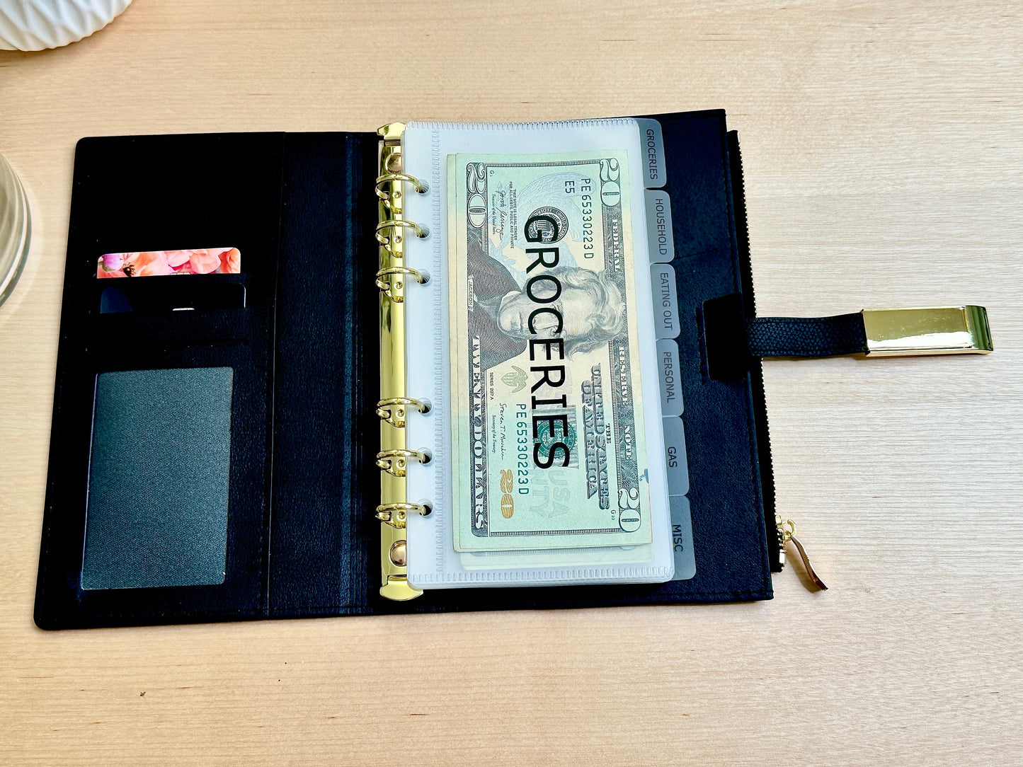 A6 Black Leather Wallet, Cash Stuffing Envelope Wallet, Budget Organizer, Zipper, and Buckle.