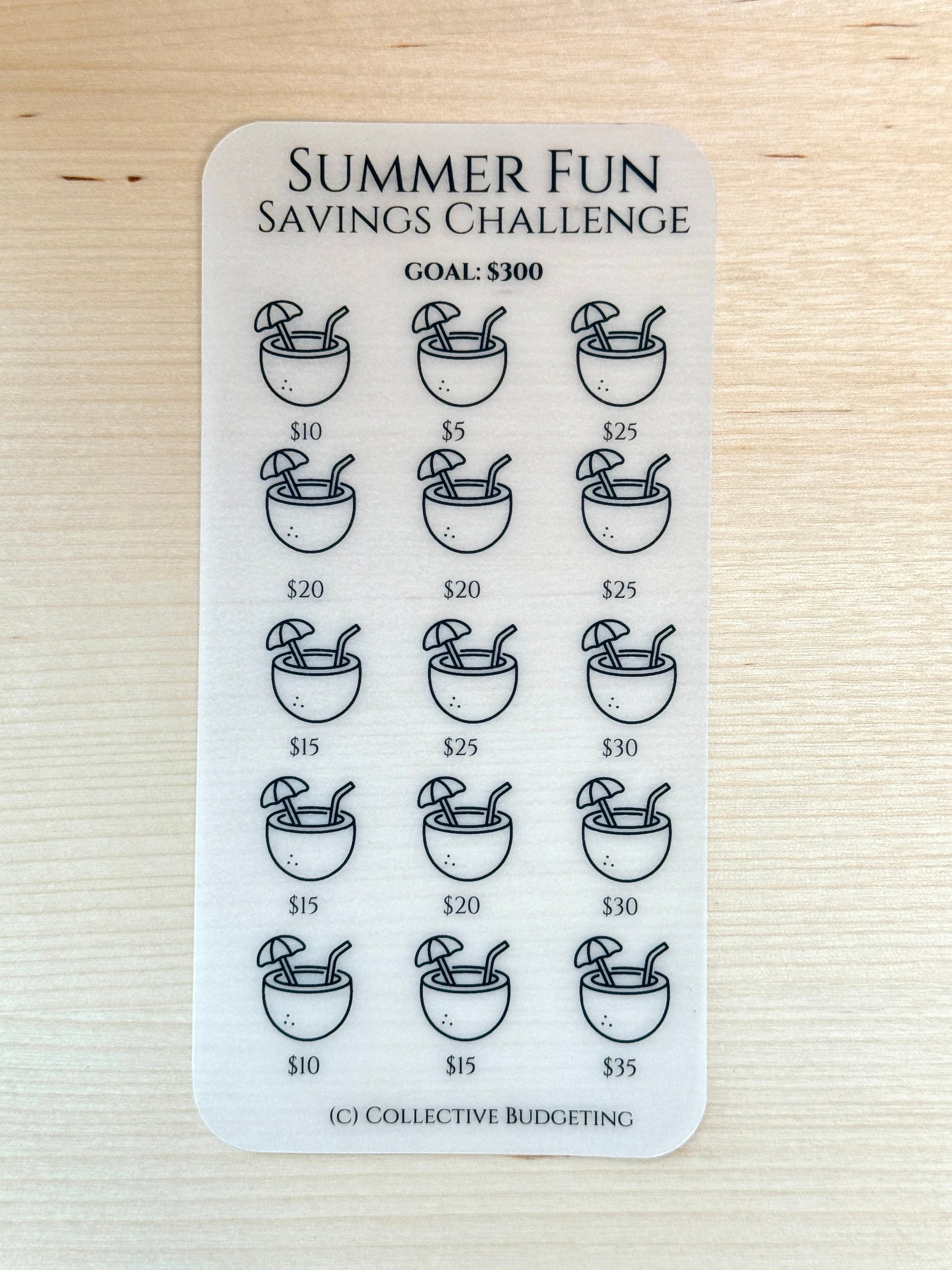 A transparent sticker sheet with a summer fun savings challenge theme. The sheet has a goal of $300 and features 15 coconut drink icons with different dollar amounts ranging from $5 to $35. The text on the sheet reads 'Summer Fun Savings Challenge', 'Goal: $300', and '(C) Collective Budgeting'.