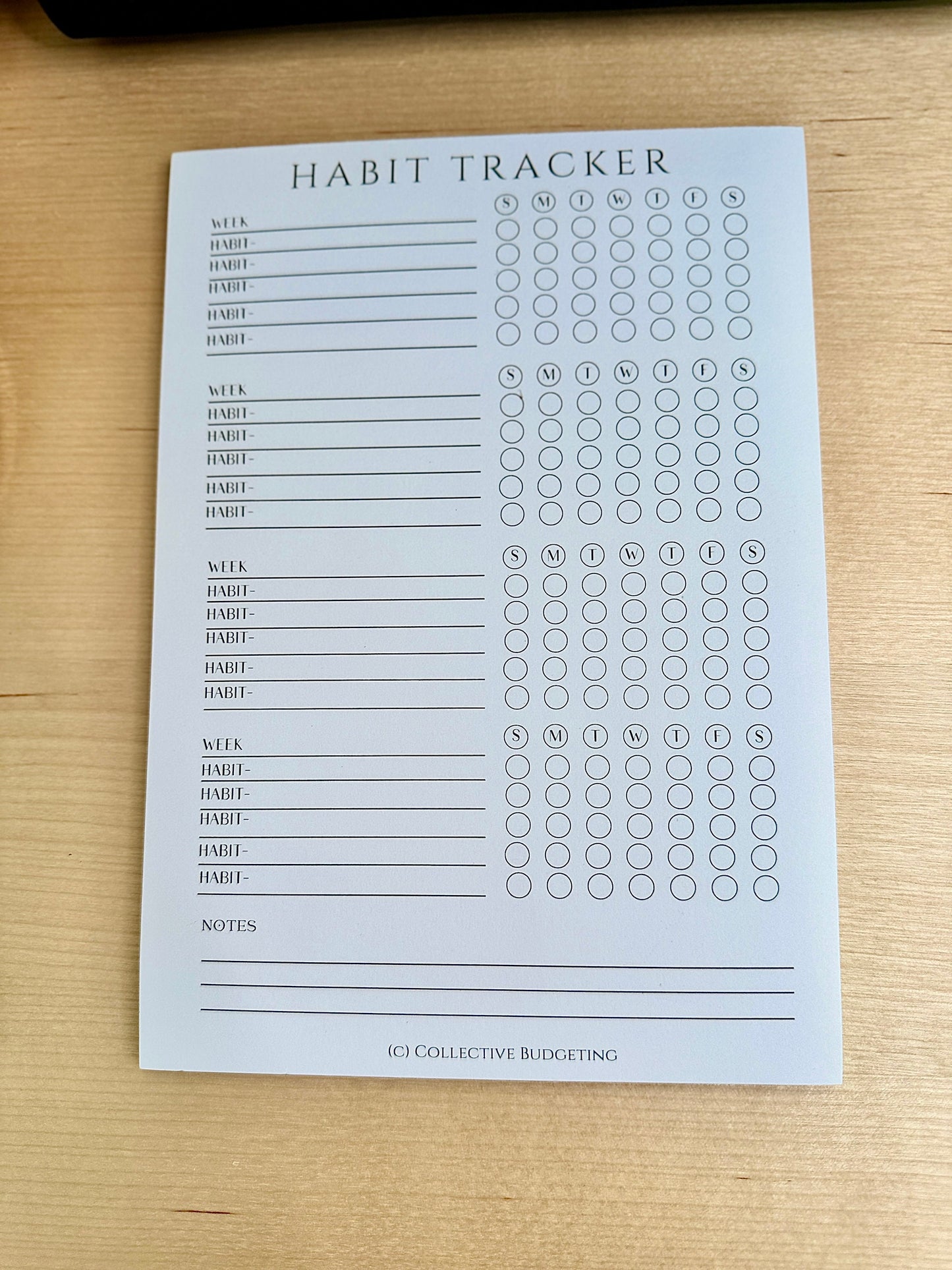 A white habit tracker with black text. The tracker has a section for the week, habit, and days of the week. The days of the week are abbreviated as S, M, T, W, T, F, S. There is a section for notes at the bottom of the page. The text at the bottom of the page reads (c) Collective Budgeting.