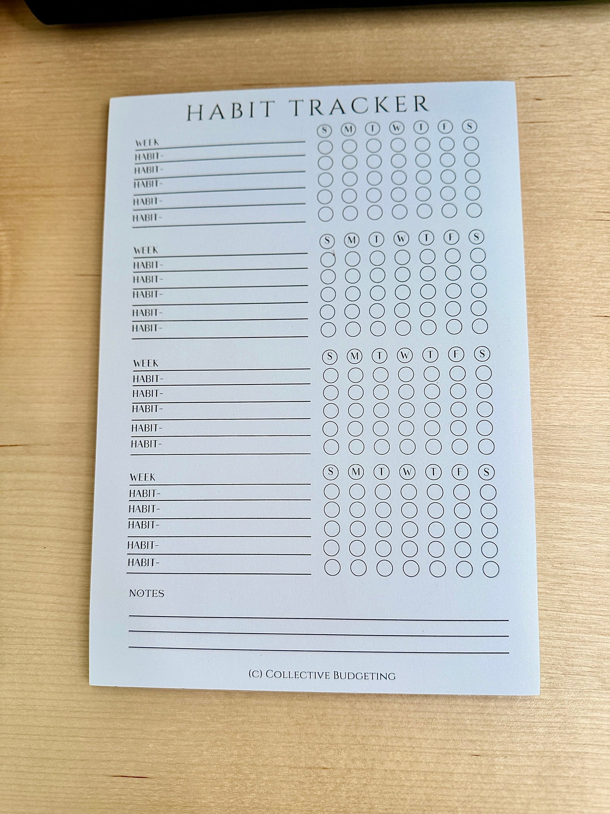A white habit tracker with black text. The tracker has a section for the week, habit, and days of the week. The days of the week are abbreviated as S, M, T, W, T, F, S. There is a section for notes at the bottom of the page. The text at the bottom of the page reads (c) Collective Budgeting.